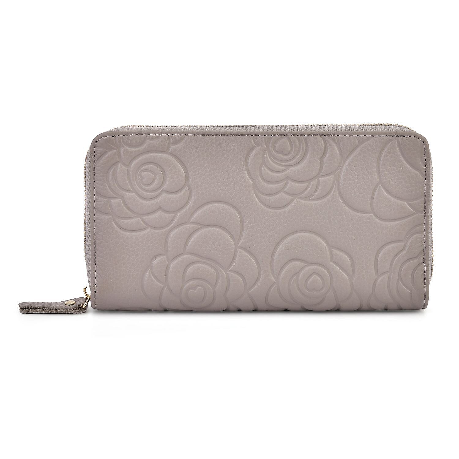 Closeout Deal - Genuine Leather Flower Embossed RFID Protected Purse (Size 19x10x2 cm) - Grey