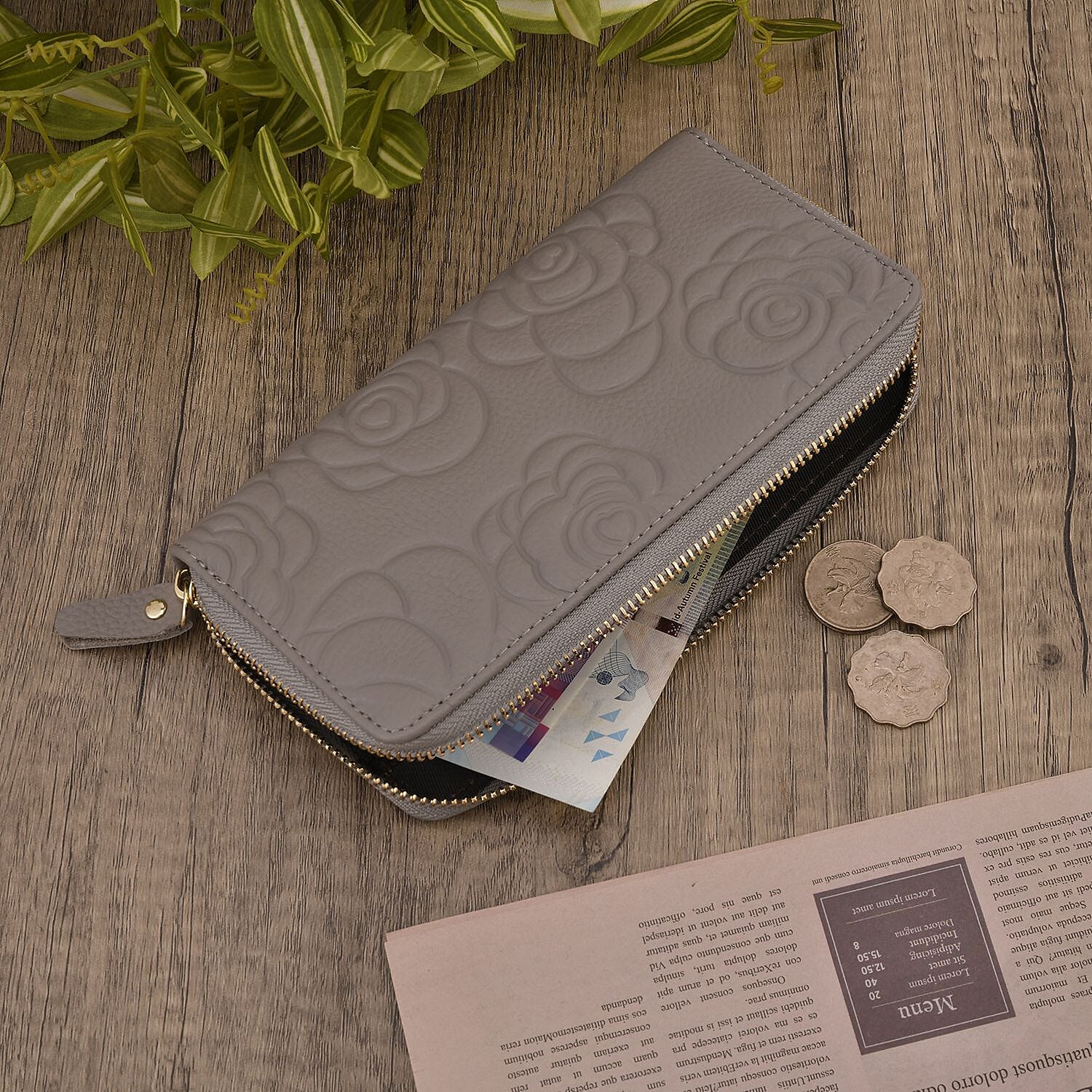 Closeout Deal - Genuine Leather Flower Embossed RFID Protected Purse (Size 19x10x2 cm) - Grey