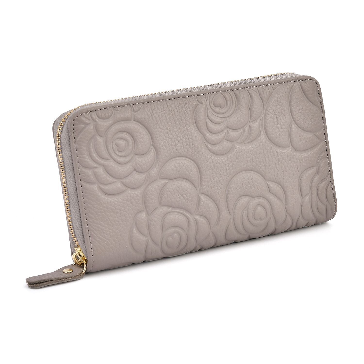 Closeout Deal - Genuine Leather Flower Embossed RFID Protected Purse (Size 19x10x2 cm) - Grey