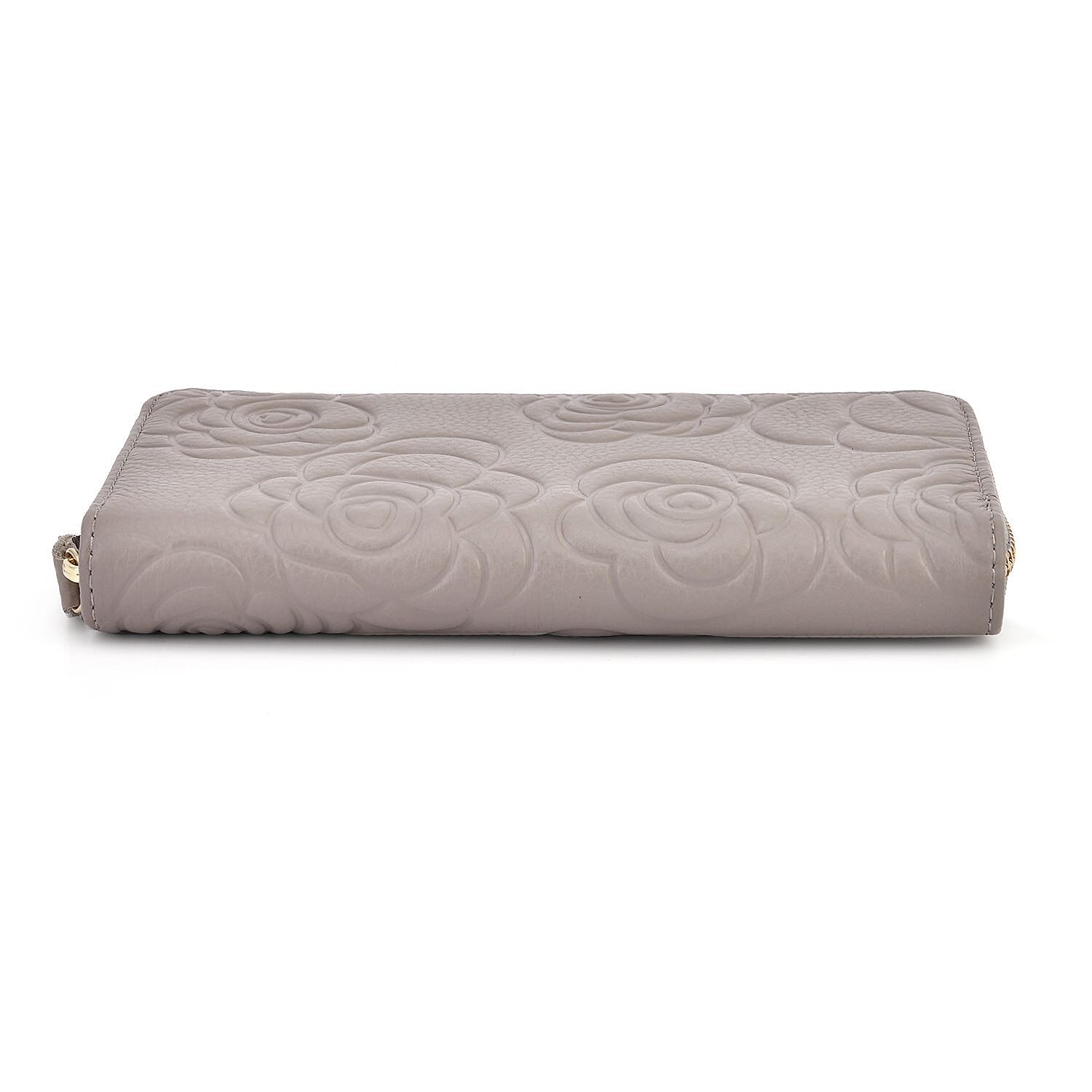 Closeout Deal - Genuine Leather Flower Embossed RFID Protected Purse (Size 19x10x2 cm) - Grey