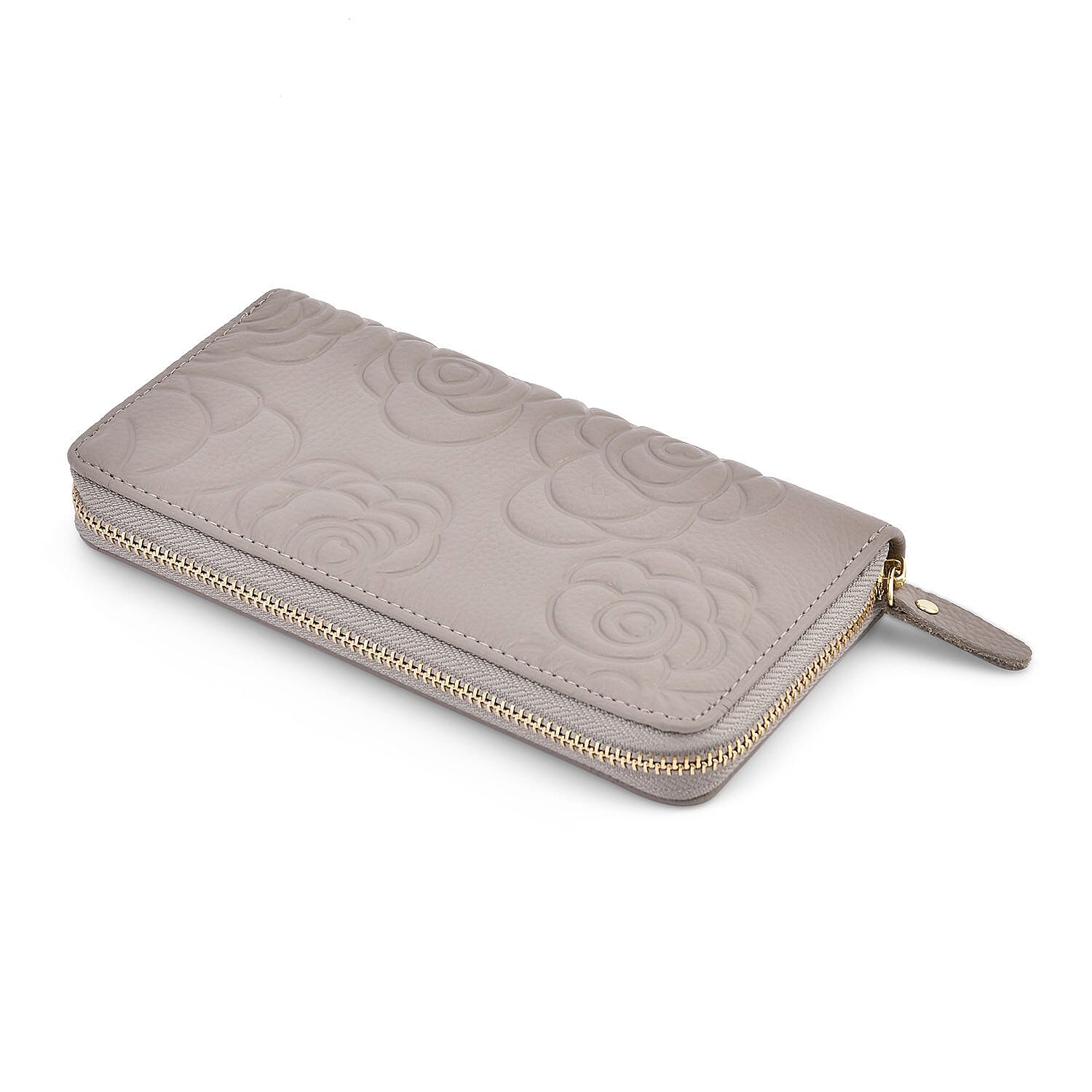 Closeout Deal - Genuine Leather Flower Embossed RFID Protected Purse (Size 19x10x2 cm) - Grey