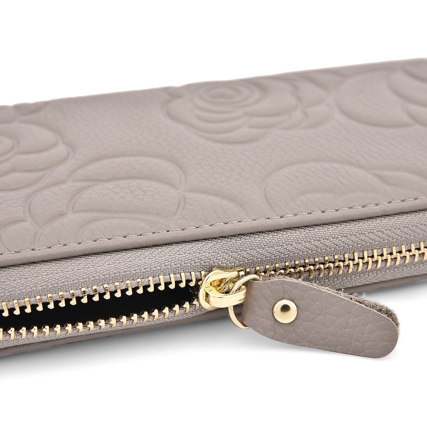 Closeout Deal - Genuine Leather Flower Embossed RFID Protected Purse (Size 19x10x2 cm) - Grey