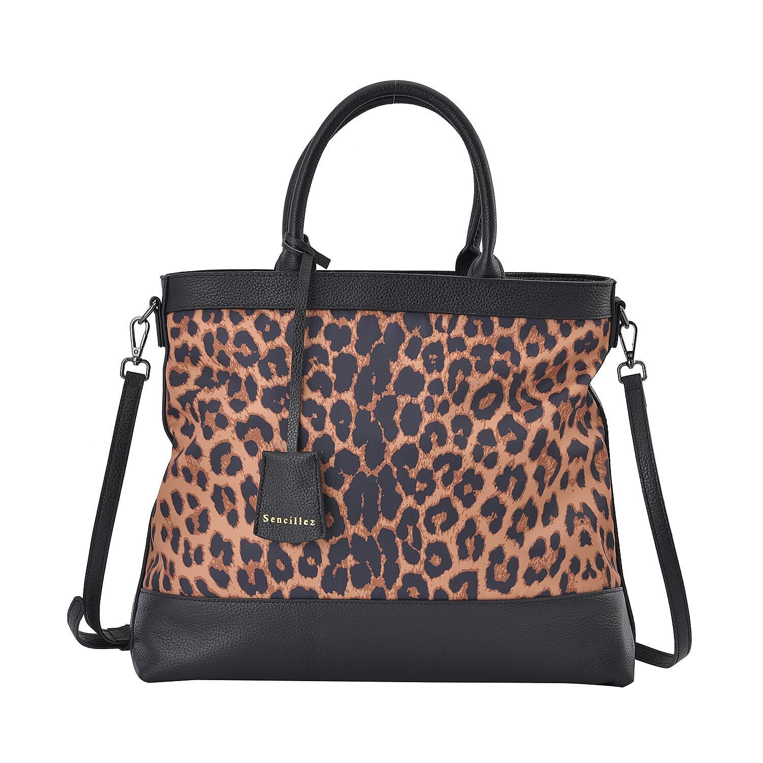 Sencillez Genuine Leather Leopard Convertible Bag with Detachable Long Strap - Tan