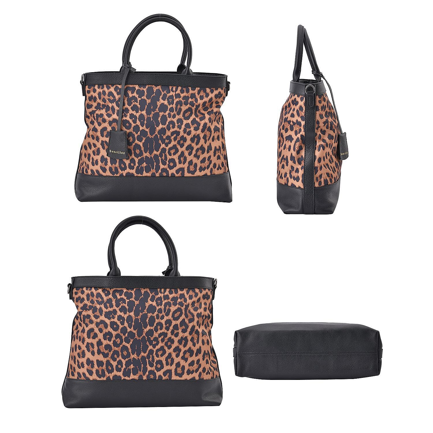 Sencillez Genuine Leather Leopard Convertible Bag with Detachable Long Strap - Tan