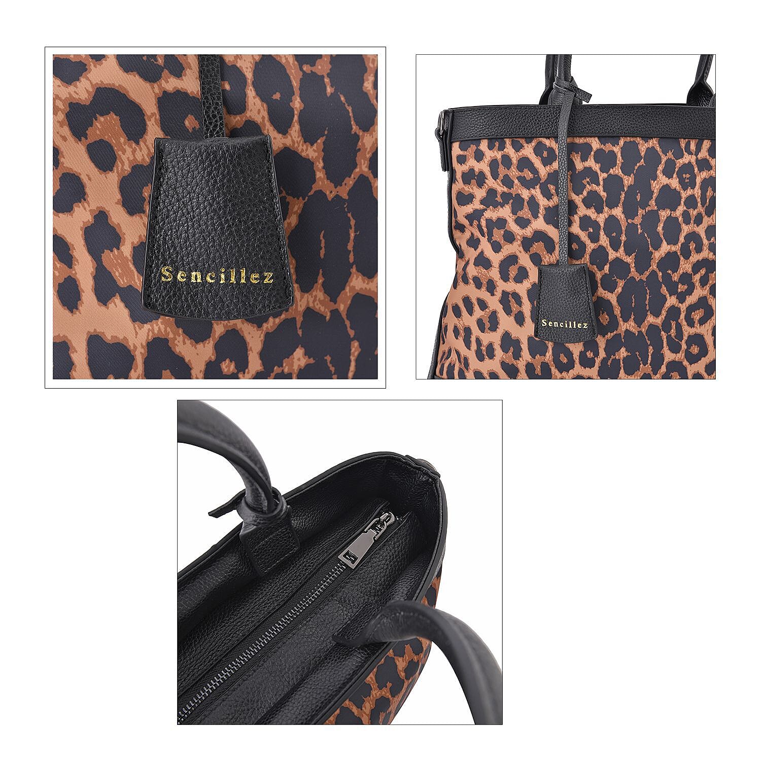 Sencillez Genuine Leather Leopard Convertible Bag with Detachable Long Strap - Tan