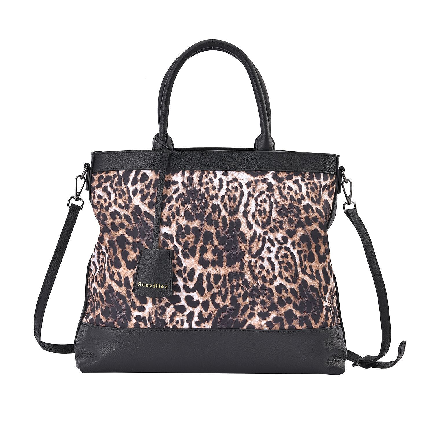 Sencillez Genuine Leather Leopard Convertible Bag with Detachable Long Strap (Size 37x33x11 cm) - Beige