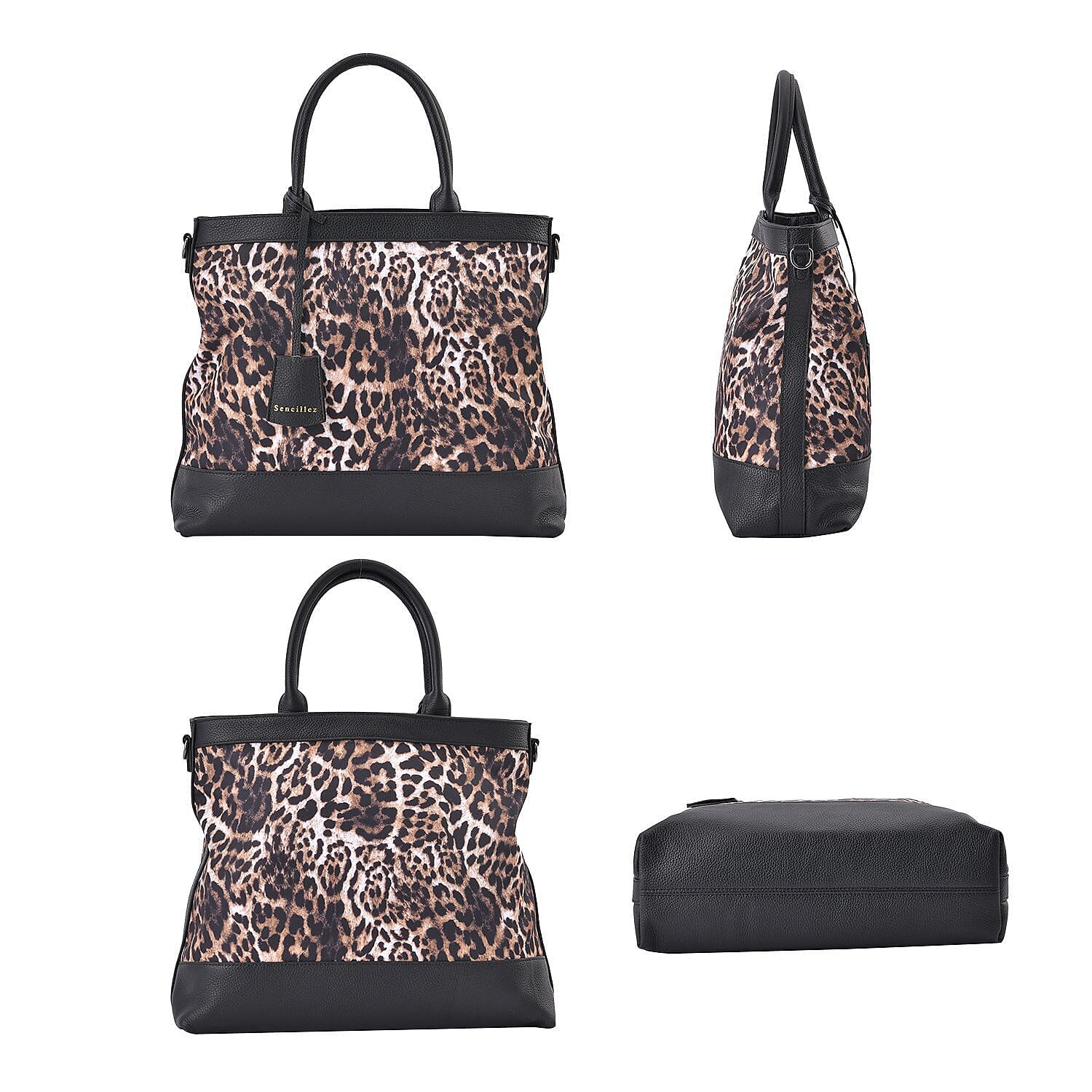 Sencillez Genuine Leather Leopard Convertible Bag with Detachable Long Strap (Size 37x33x11 cm) - Beige