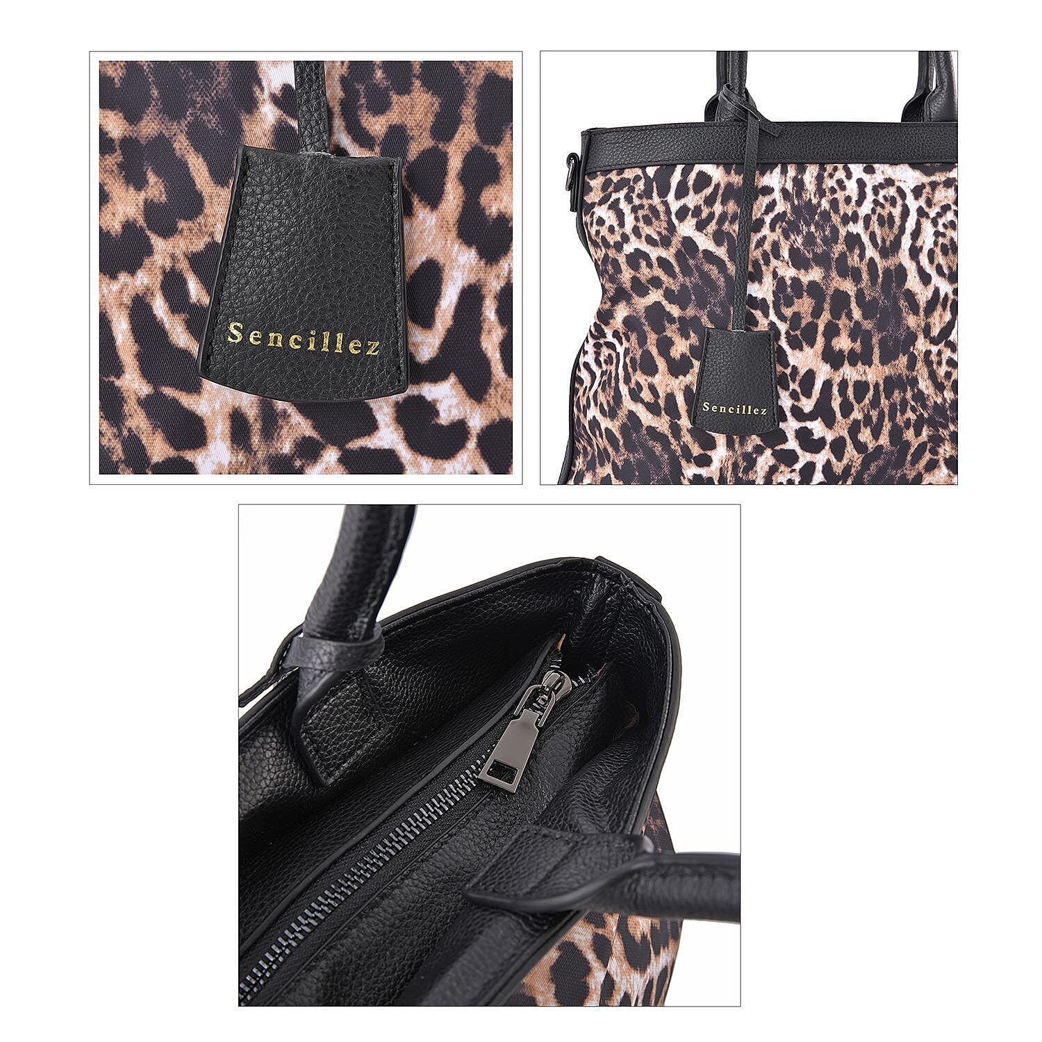 Sencillez Genuine Leather Leopard Convertible Bag with Detachable Long Strap (Size 37x33x11 cm) - Beige