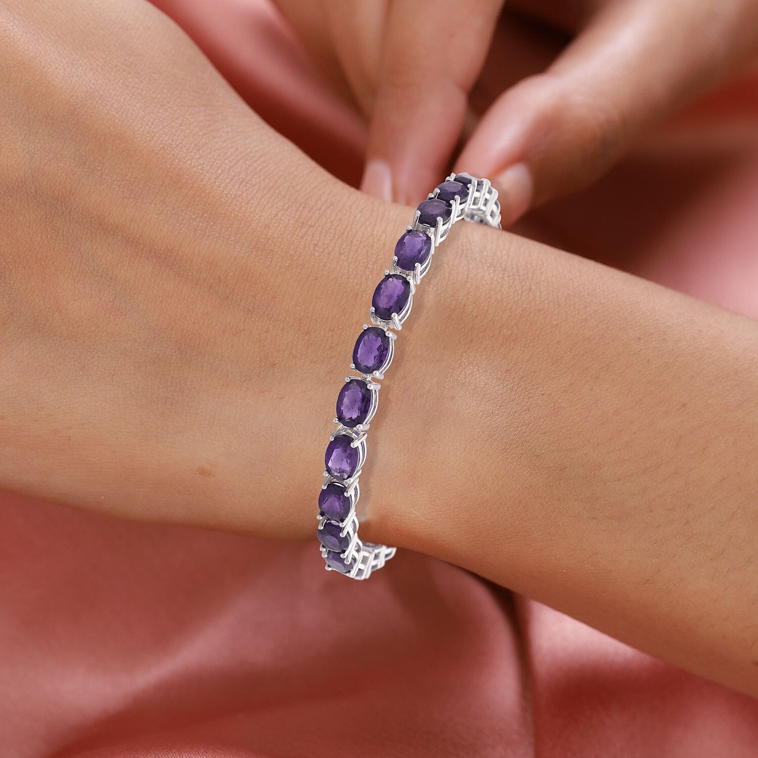 Amethyst Tennis Bracelet (Size - 7) in Rhodium Overlay Sterling Silver 16.10 Ct, Silver Wt. 7.78 Gms.