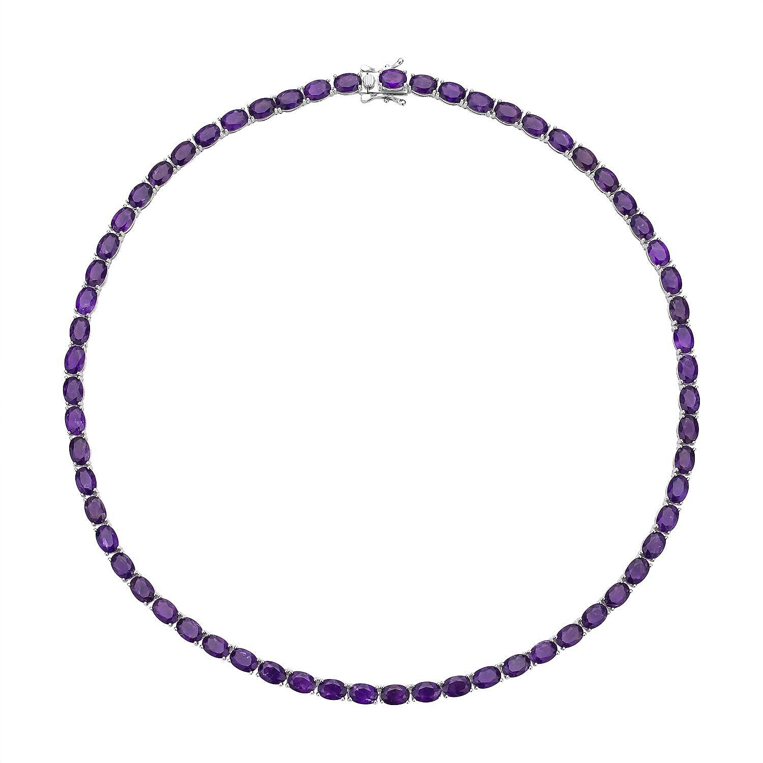 Amethyst Tennis Necklace (Size - 18) in Rhodium Overlay Sterling Silver 42.71 Ct, Silver Wt. 19.00 Gms