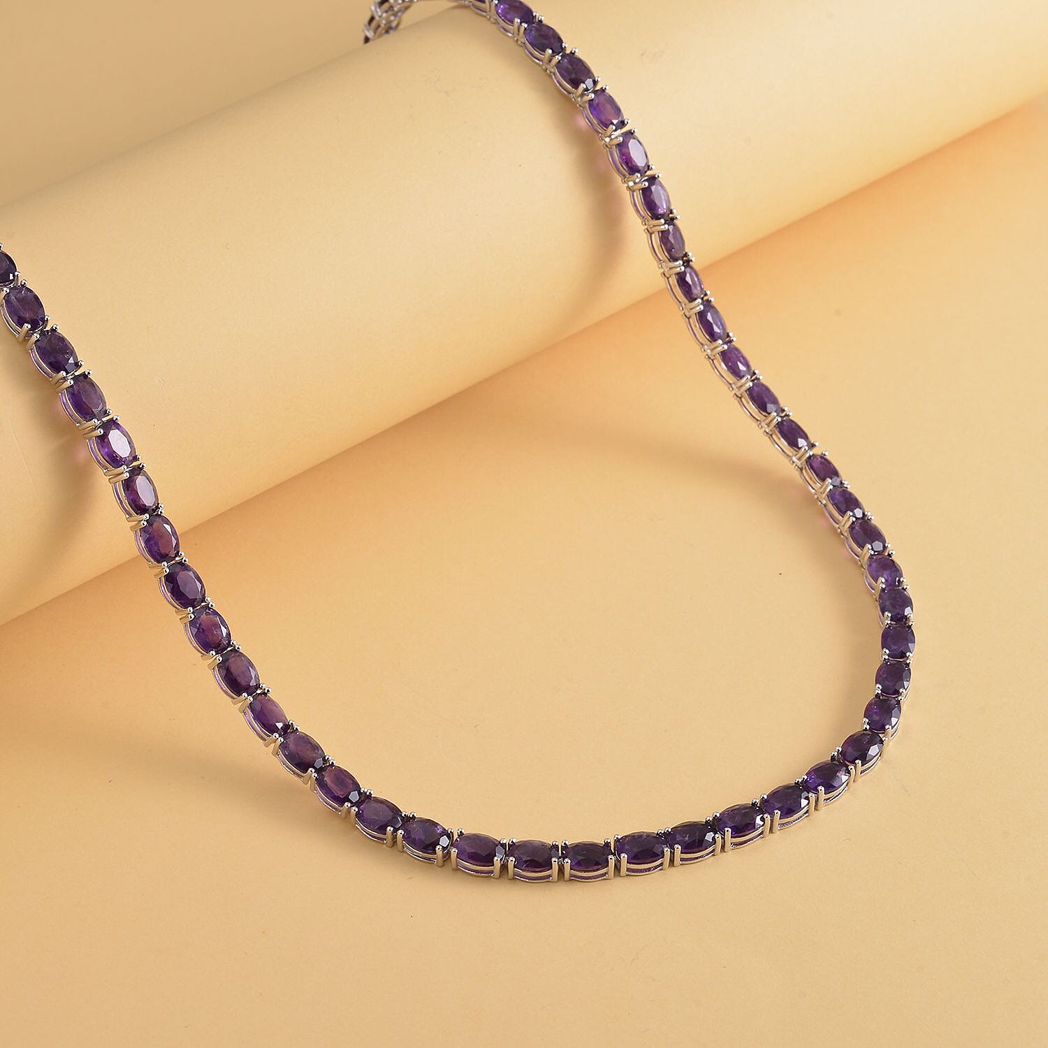 Amethyst Tennis Necklace (Size - 18) in Rhodium Overlay Sterling Silver 42.71 Ct, Silver Wt. 19.00 Gms