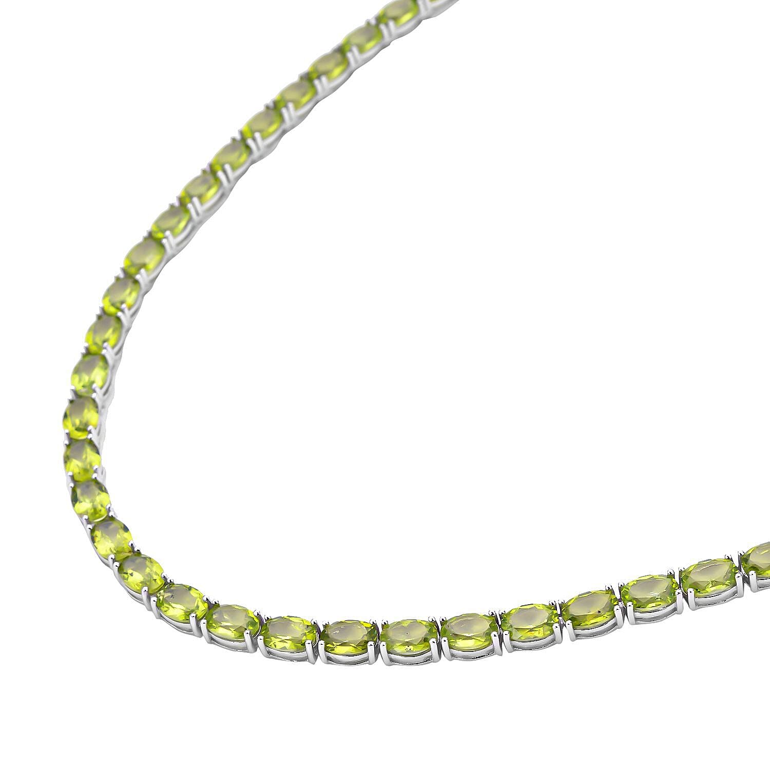 Hebei Peridot Tennis Necklace (Size - 18) in Rhodium Overlay Sterling Silver 50.40 Ct, Silver Wt. 18.00 Gms.