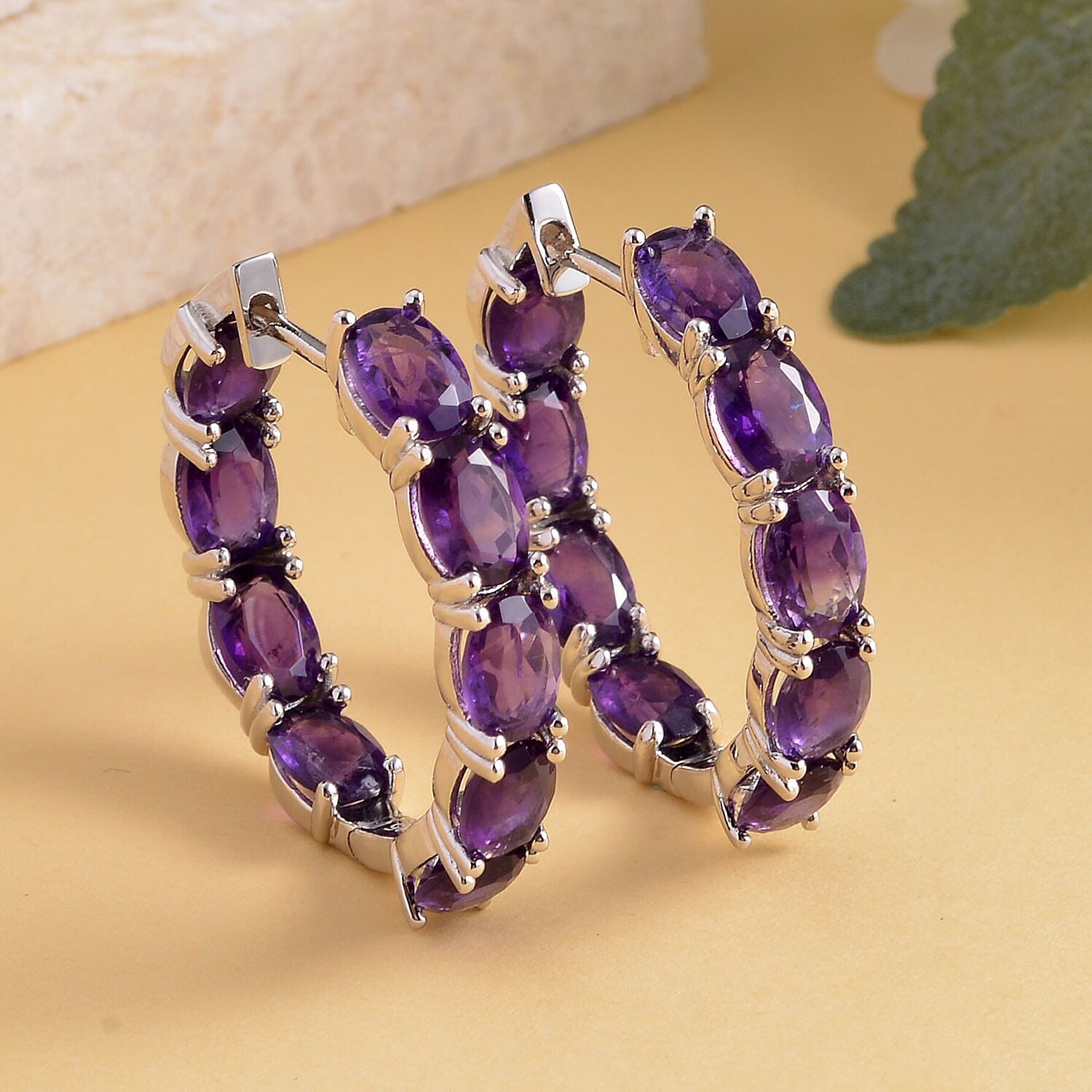 Amethyst Hoop Earrings (with Clasp) in Rhodium Overlay Sterling Silver 12.17 Ct, Silver Wt. 5.50 Gms