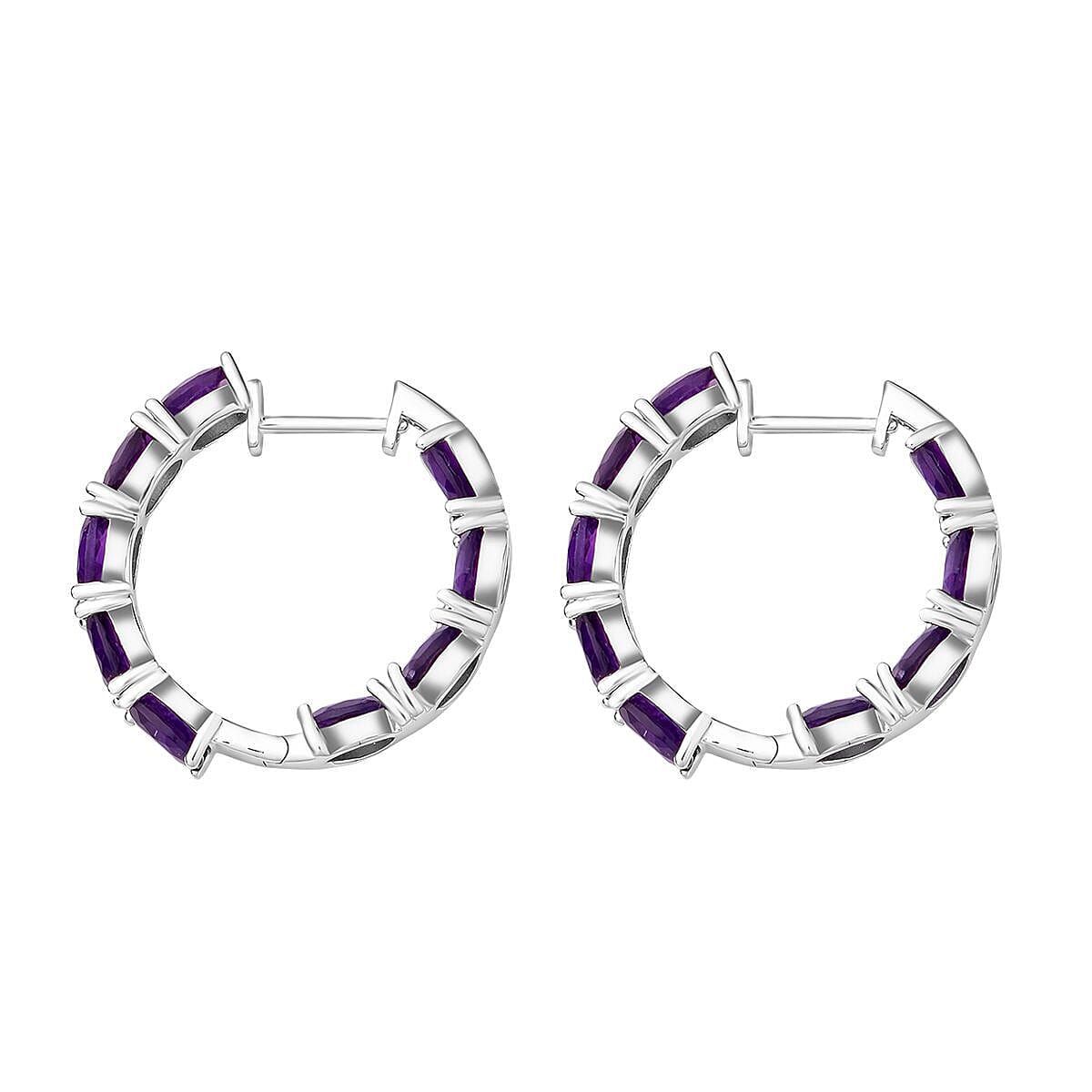 Amethyst Hoop Earrings (with Clasp) in Rhodium Overlay Sterling Silver 12.17 Ct, Silver Wt. 5.50 Gms