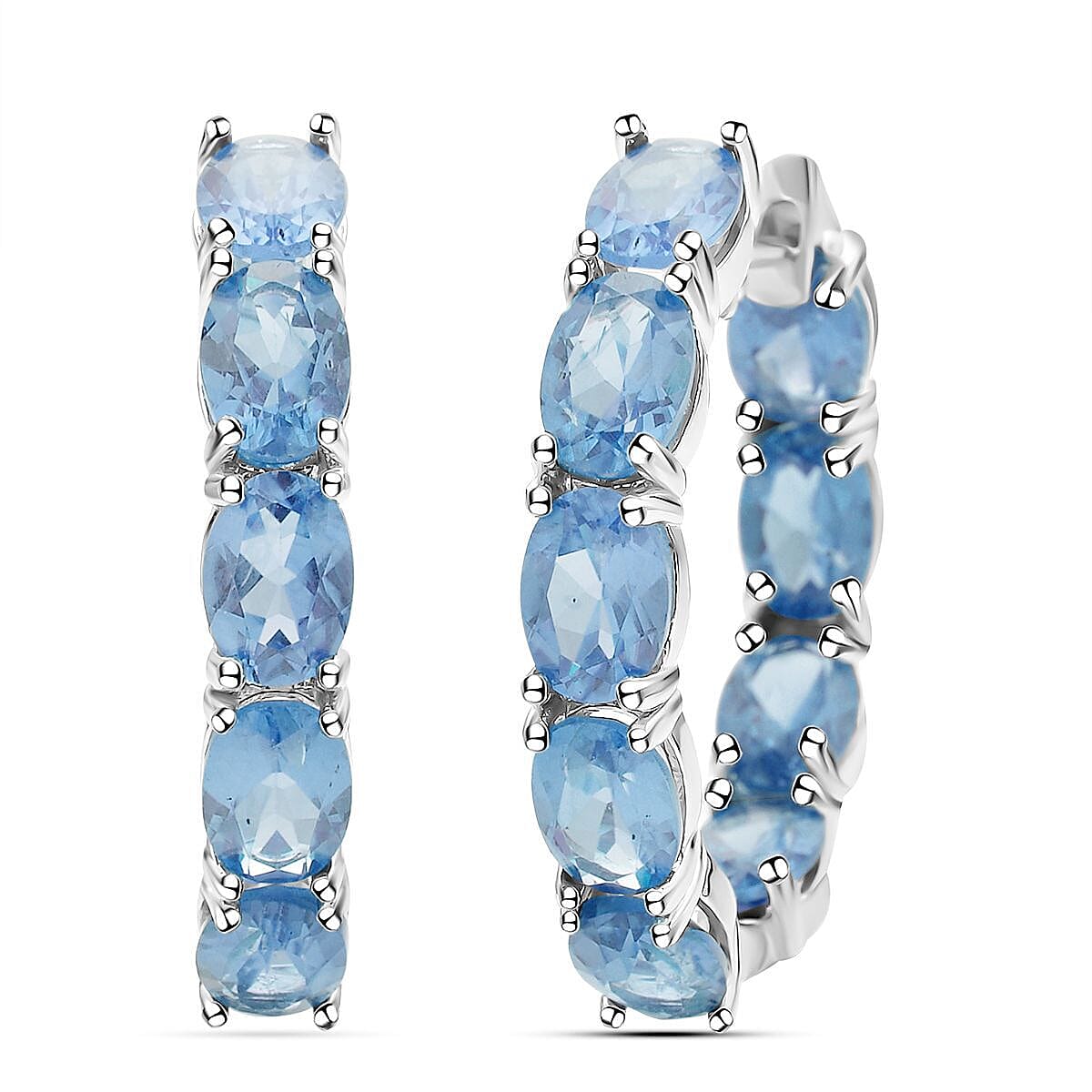 Sky Blue Topaz Hoop Earrings (With Clasp) in Rhodium Overlay Sterling Silver 17.39 Ct, Silver Wt. 5.50 Gms.