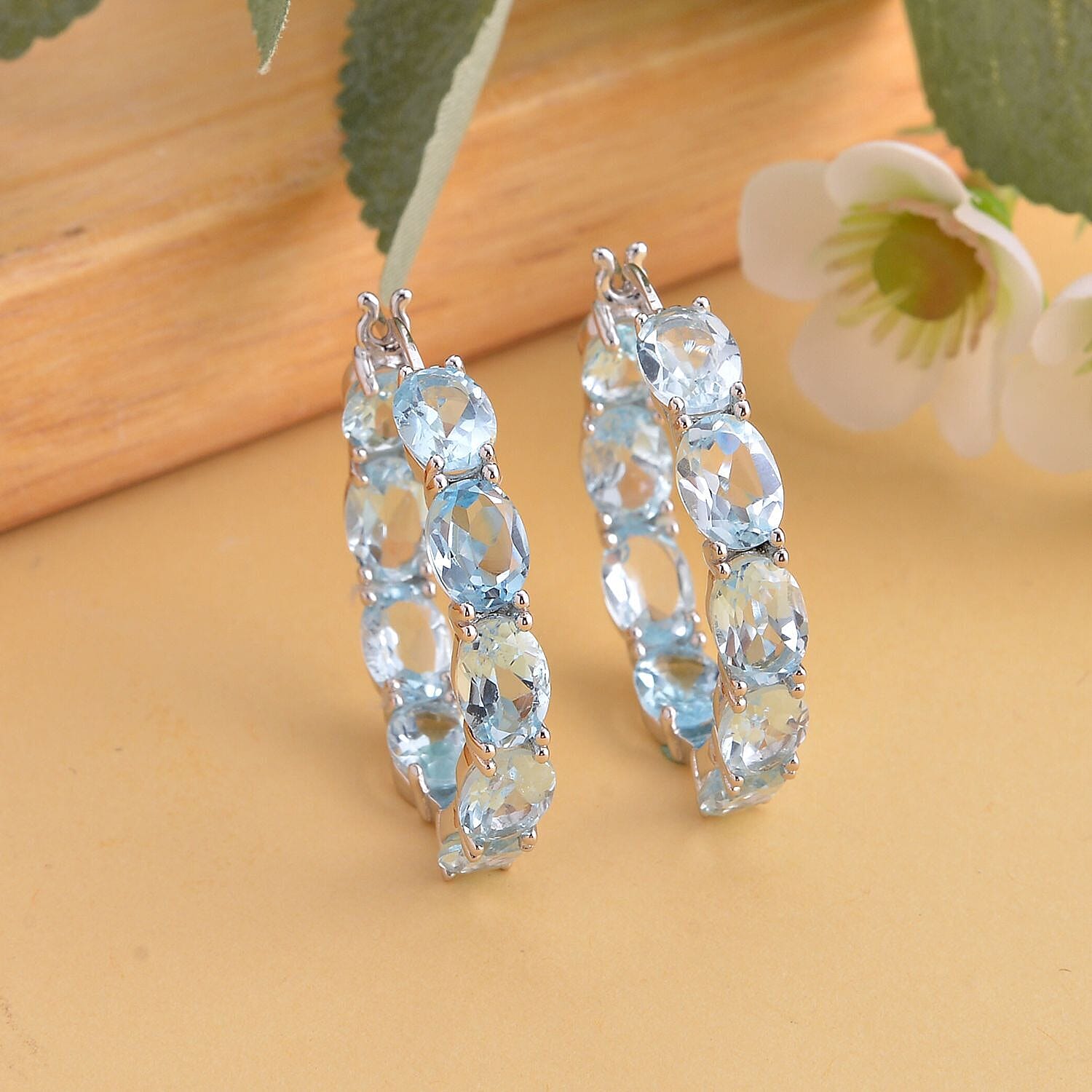 Sky Blue Topaz Hoop Earrings (With Clasp) in Rhodium Overlay Sterling Silver 17.39 Ct, Silver Wt. 5.50 Gms.
