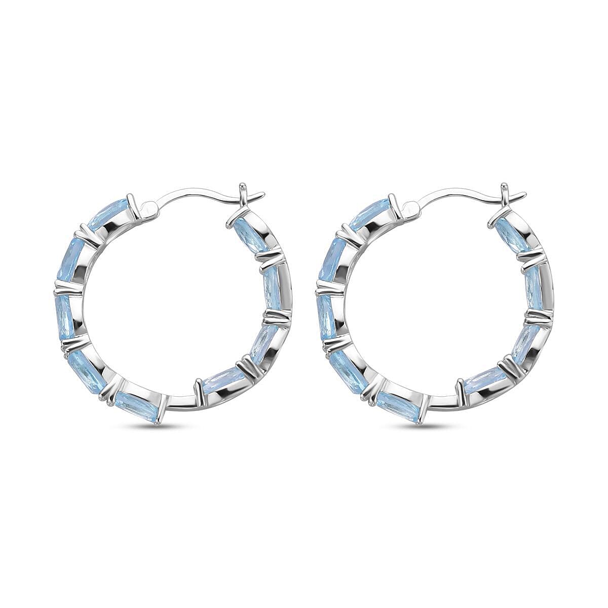 Sky Blue Topaz Hoop Earrings (With Clasp) in Rhodium Overlay Sterling Silver 17.39 Ct, Silver Wt. 5.50 Gms.
