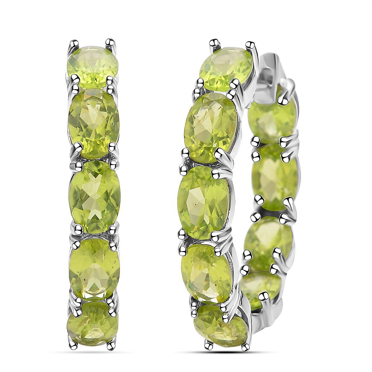 Hebei Peridot Hoop Earrings in Rhodium Overlay Sterling Silver 15.22 Ct, Silver Wt. 5.60 Gms.