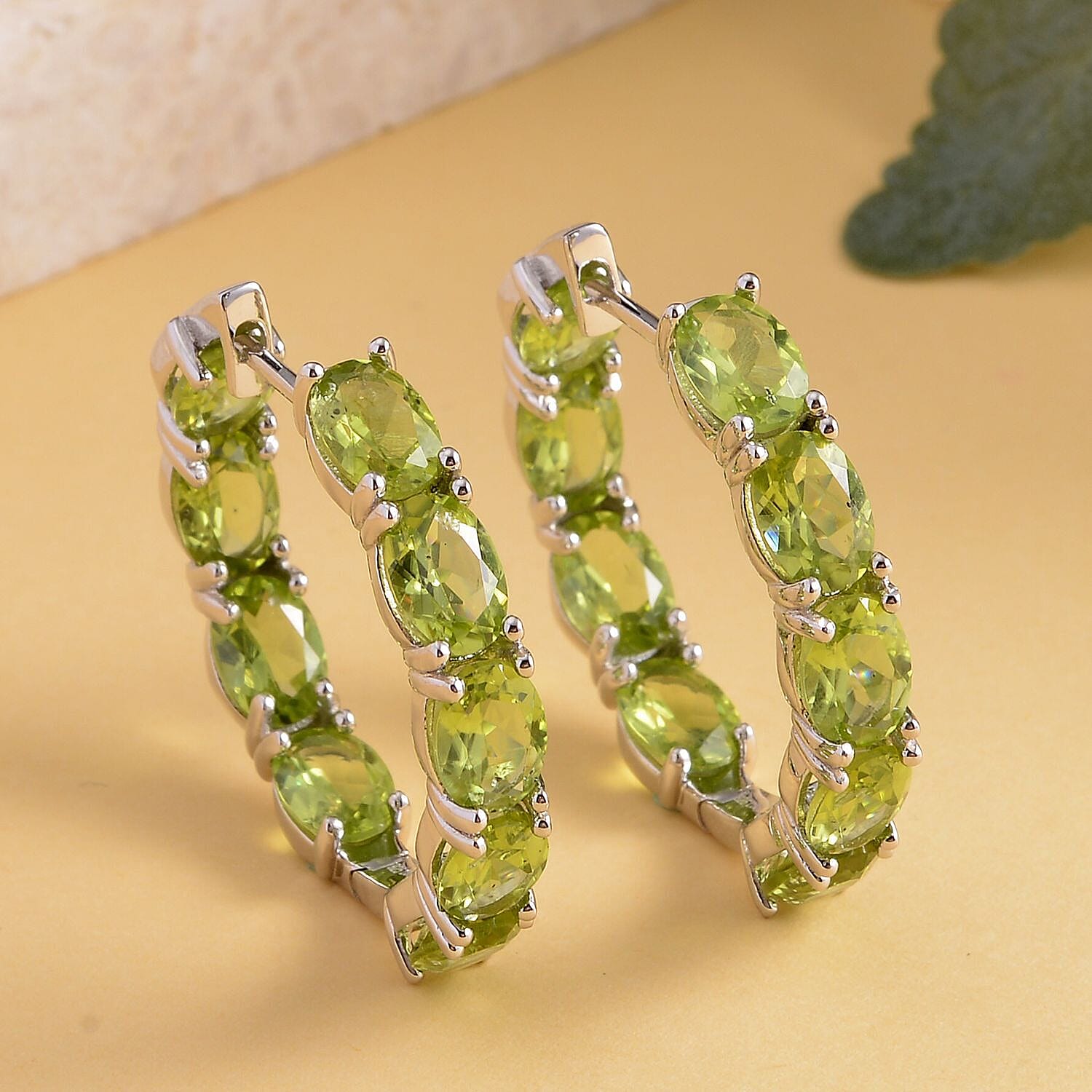 Hebei Peridot Hoop Earrings in Rhodium Overlay Sterling Silver 15.22 Ct, Silver Wt. 5.60 Gms.