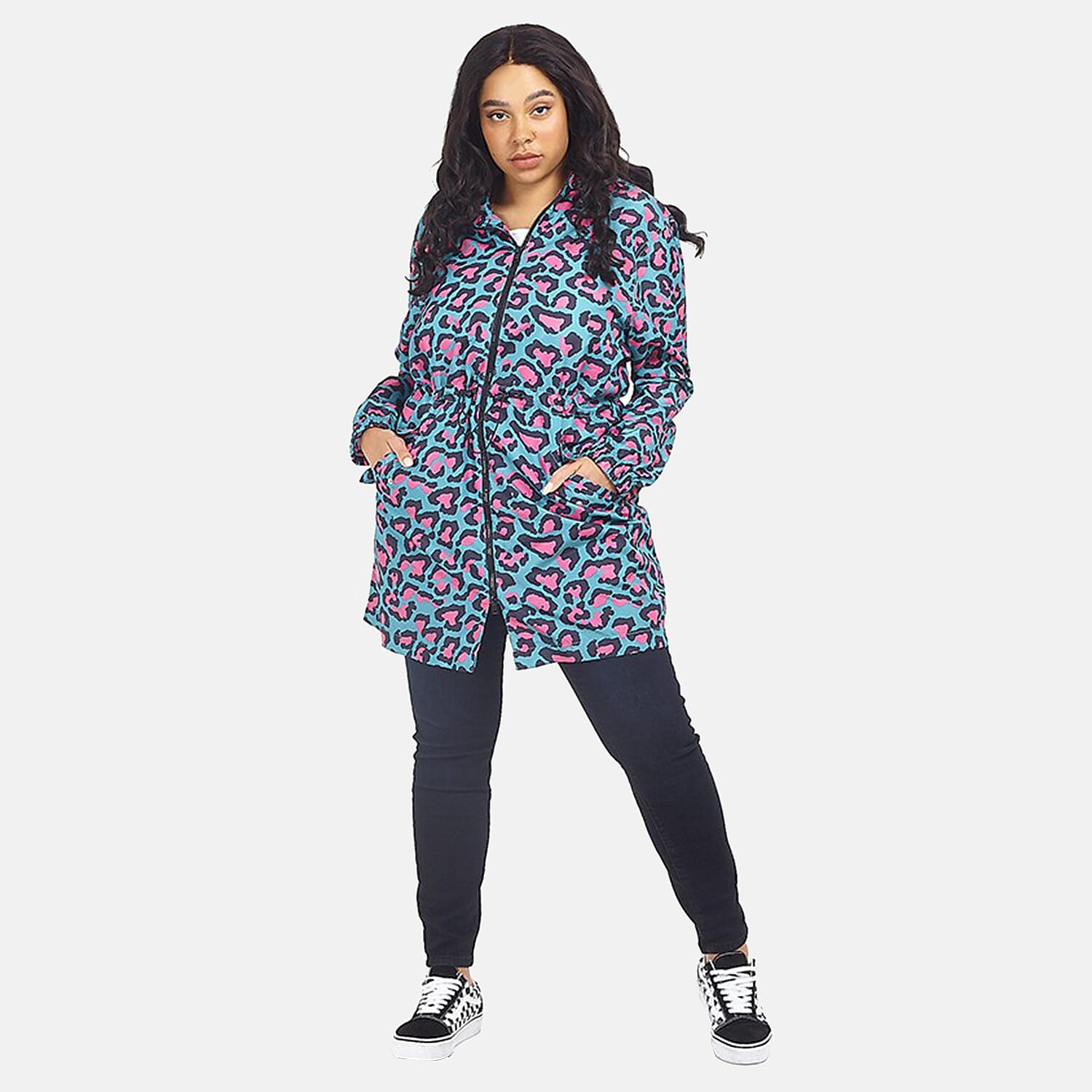 Brave Soul Leopard Pattern Water Resistant Hooded Rain Mac (Size 20) - Teal with Pink and Black