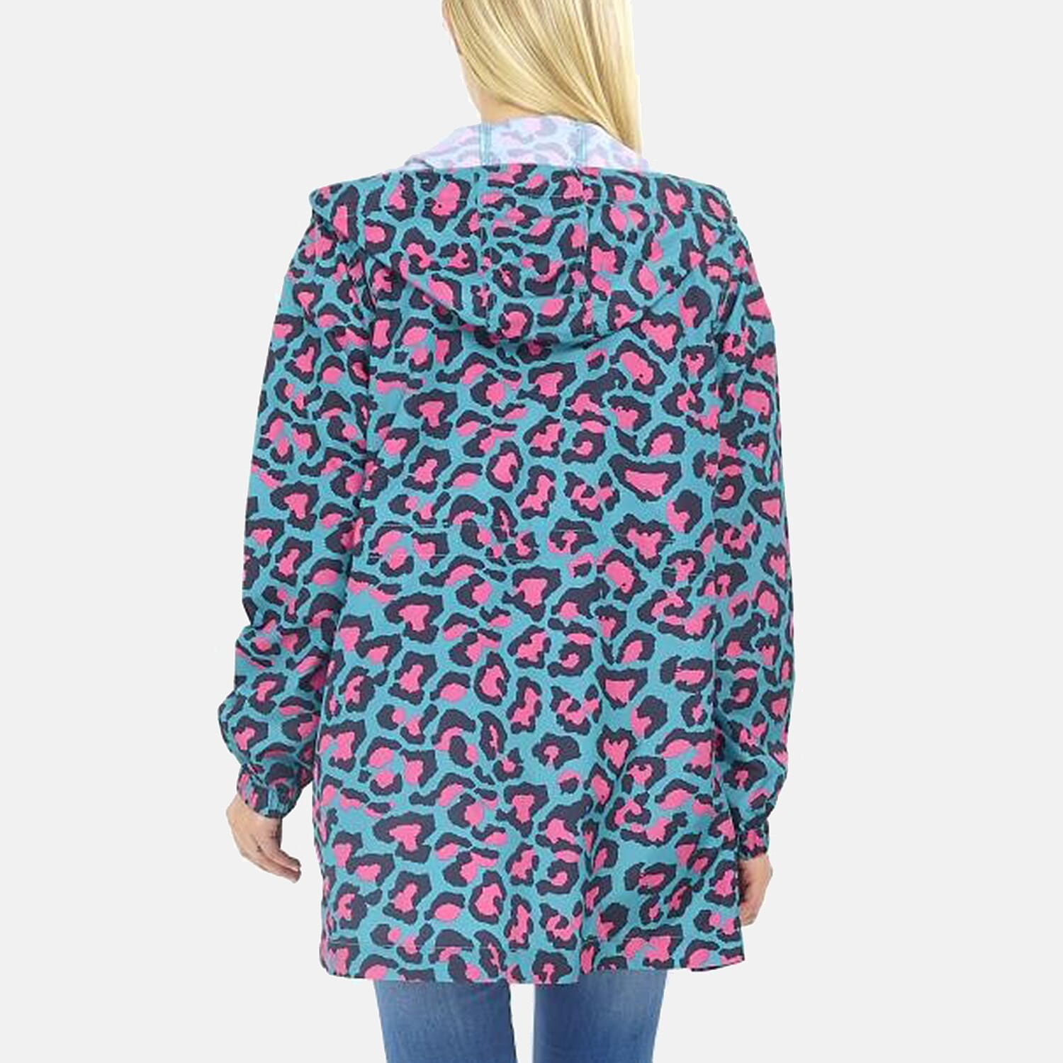 Brave Soul Leopard Pattern Water Resistant Hooded Rain Mac (Size 20) - Teal with Pink and Black