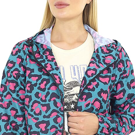 Brave Soul Leopard Pattern Water Resistant Hooded Rain Mac (Size 22) - Teal with Pink and Black