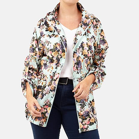 Brave Soul Floral Pattern Water Resistant Hooded Rain Mac (Size 22) - Mint