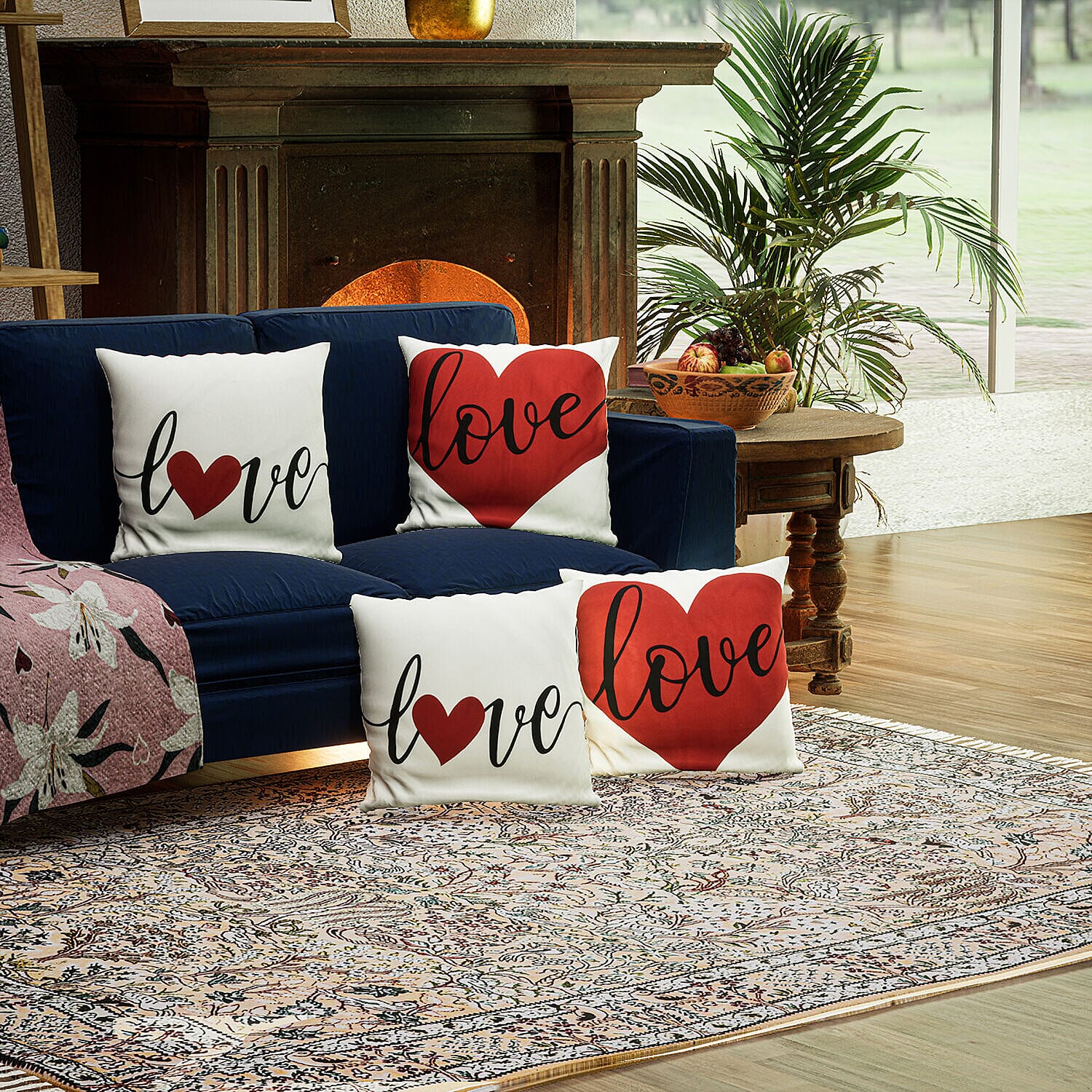 Set of 4 -  Love Theme Cushion Cover (Size 40 Cm) - White and Red