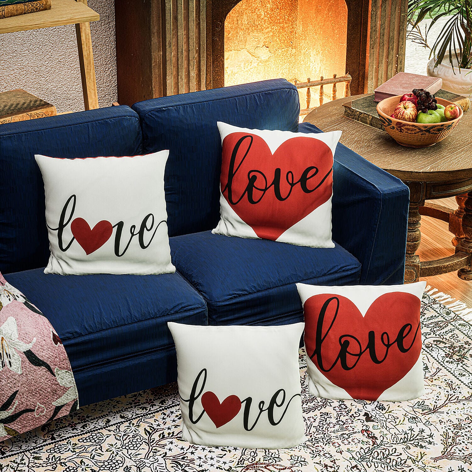 Set of 4 -  Love Theme Cushion Cover (Size 40 Cm) - White and Red
