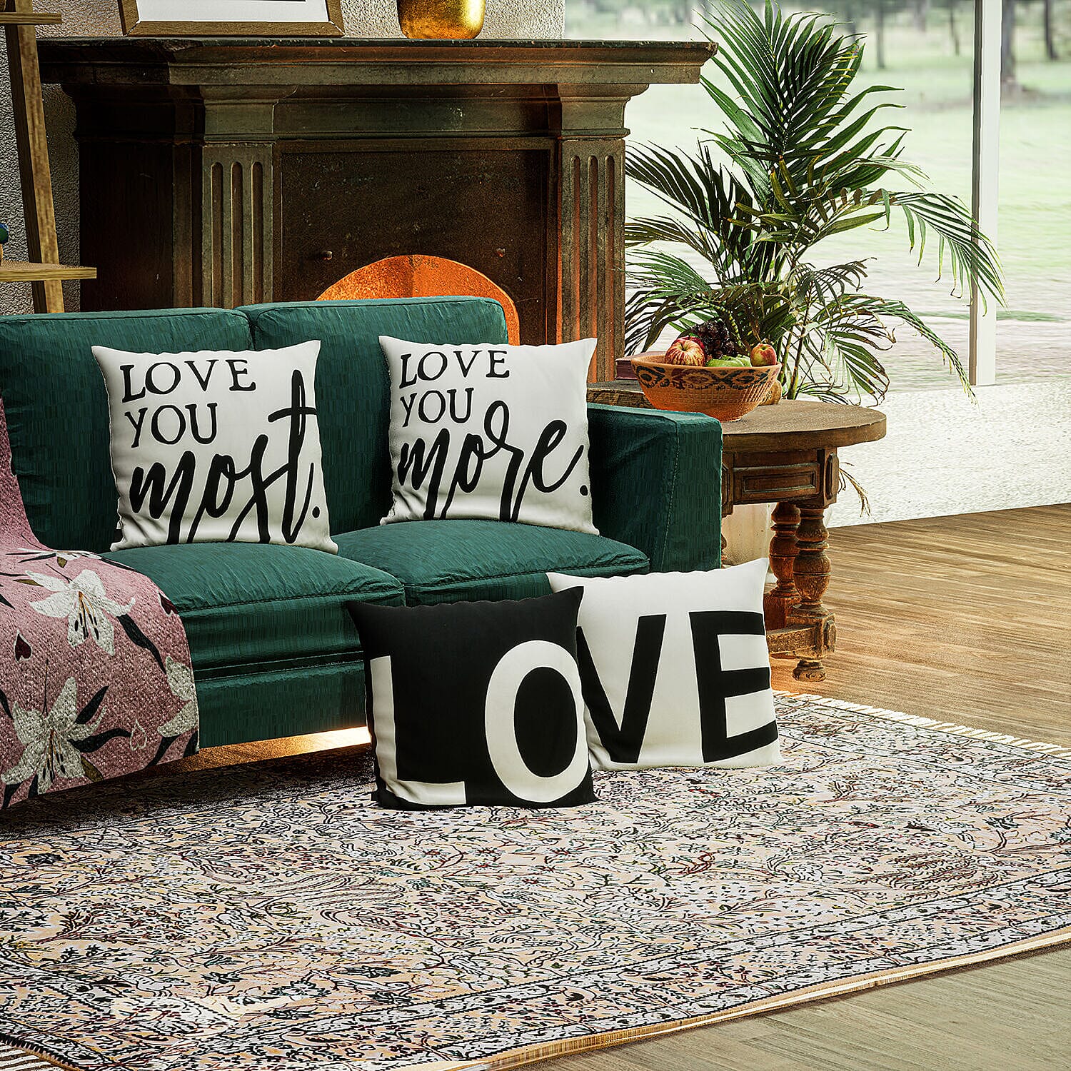 Set of 4 -  Love Theme Cushion Cover (Size 40 Cm) - White - Black