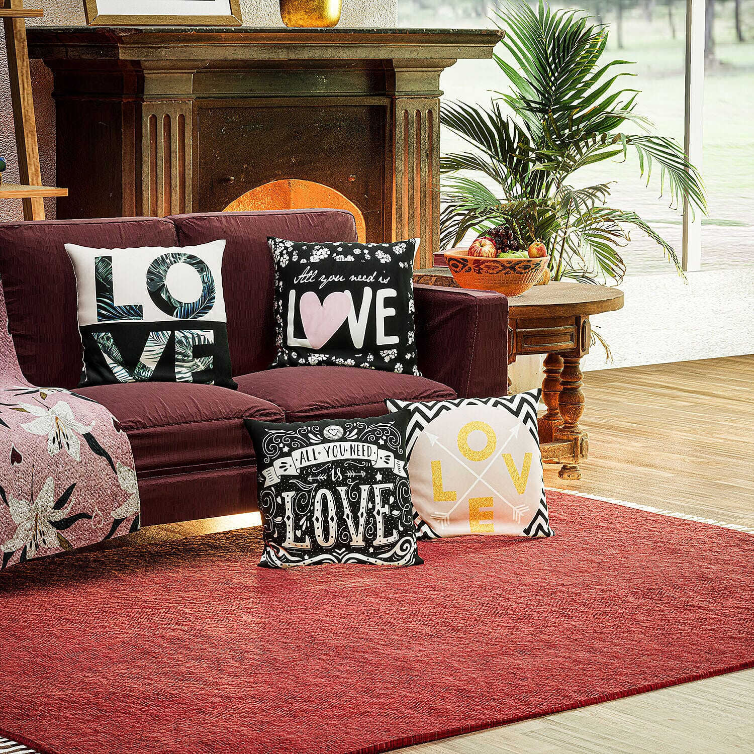 Set of 4 -  Love Theme Cushion Cover (Size 40 Cm) - Black, Pink and White