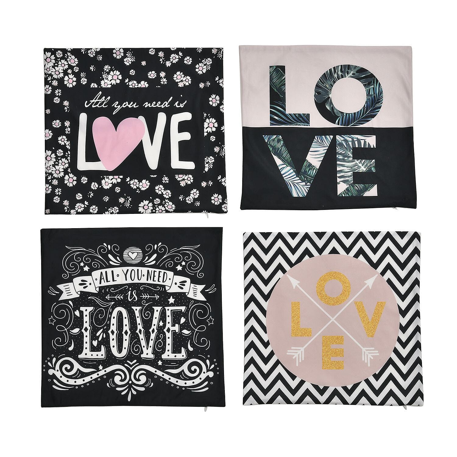 Set of 4 -  Love Theme Cushion Cover (Size 40 Cm) - Black, Pink and White