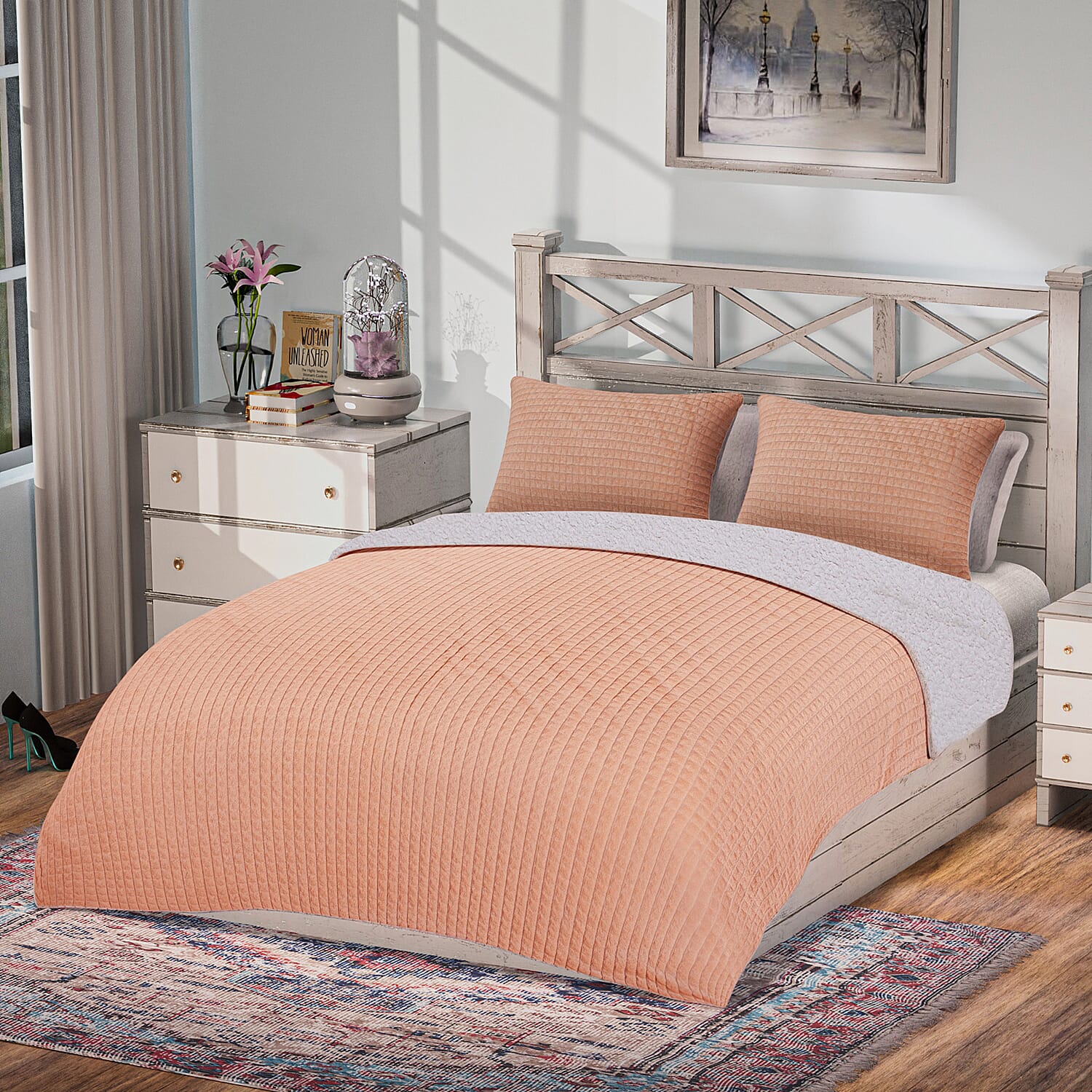 3 Piece Set - One Time Closeout - Extra warm Sherpa Duvet Cover with 2 Pillowcases Single - Light Peach