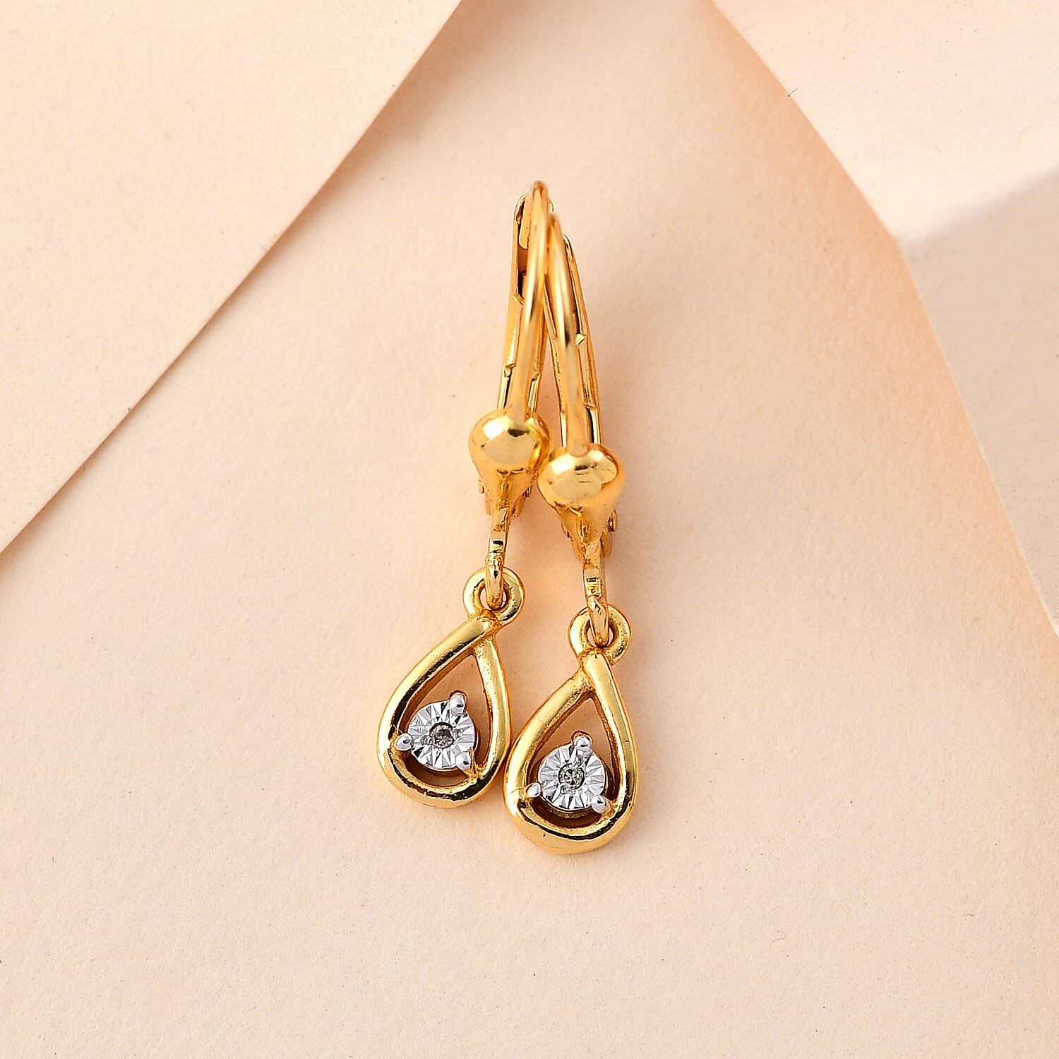 Close Out Deal - Diamond Lever Back Earrings in Vermeil Yellow Gold Sterling Silver