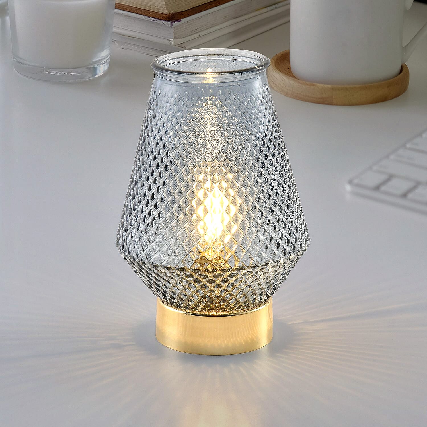 Homesmart Glass Vase Shaped Table Lamp with Golden Base and Flaming Bulb (Size 18x11 cm) - Dark Blue