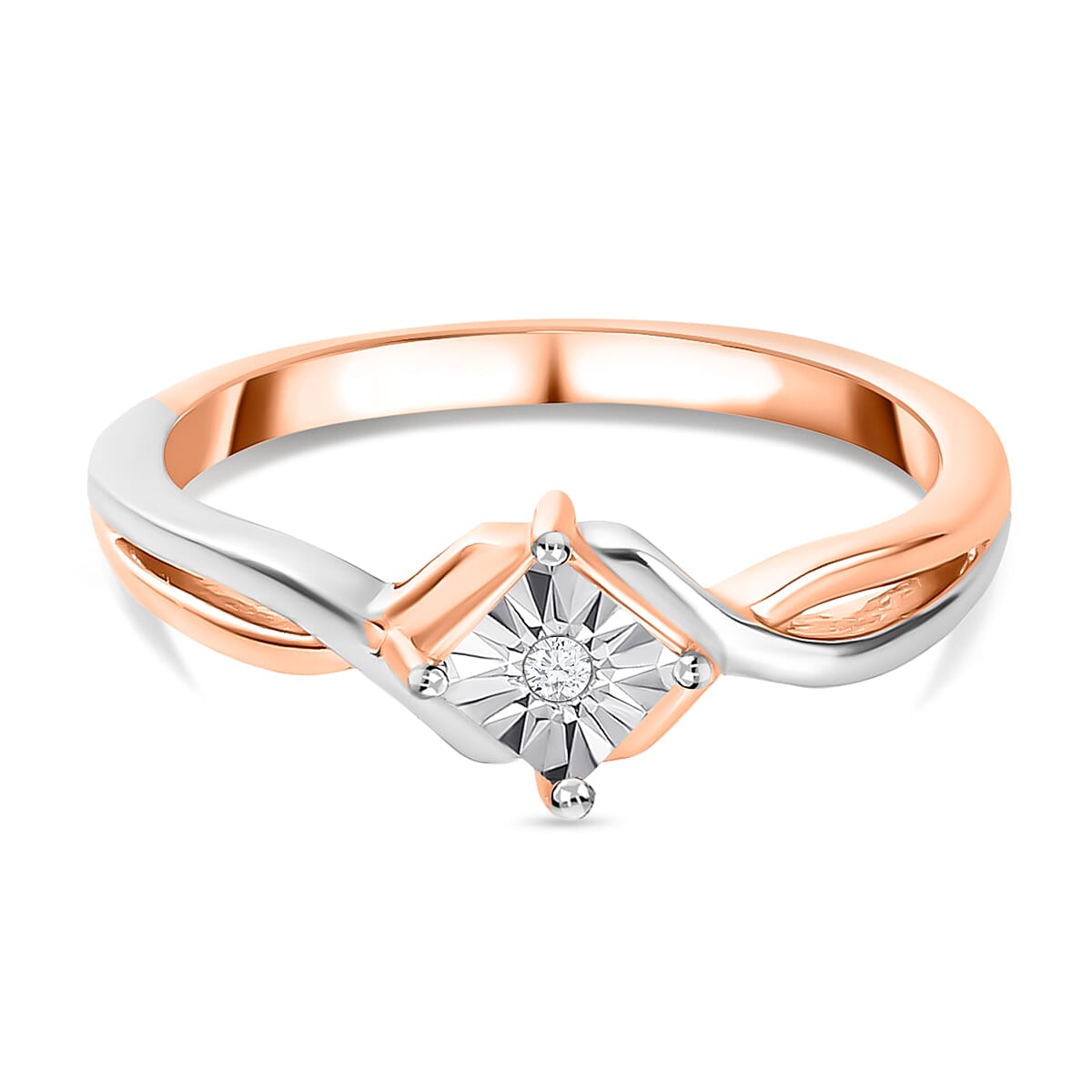 Diamond Ring in Two-Tone Platinum and 18K Vermeil Rose Gold Plated in Sterling Silver.
