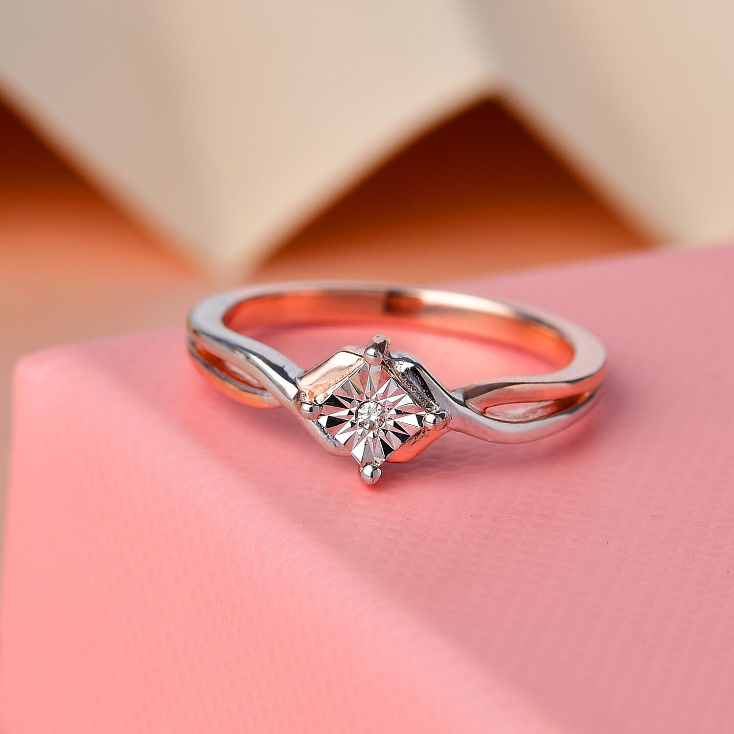 Diamond Ring in Two-Tone Platinum and 18K Vermeil Rose Gold Plated in Sterling Silver.