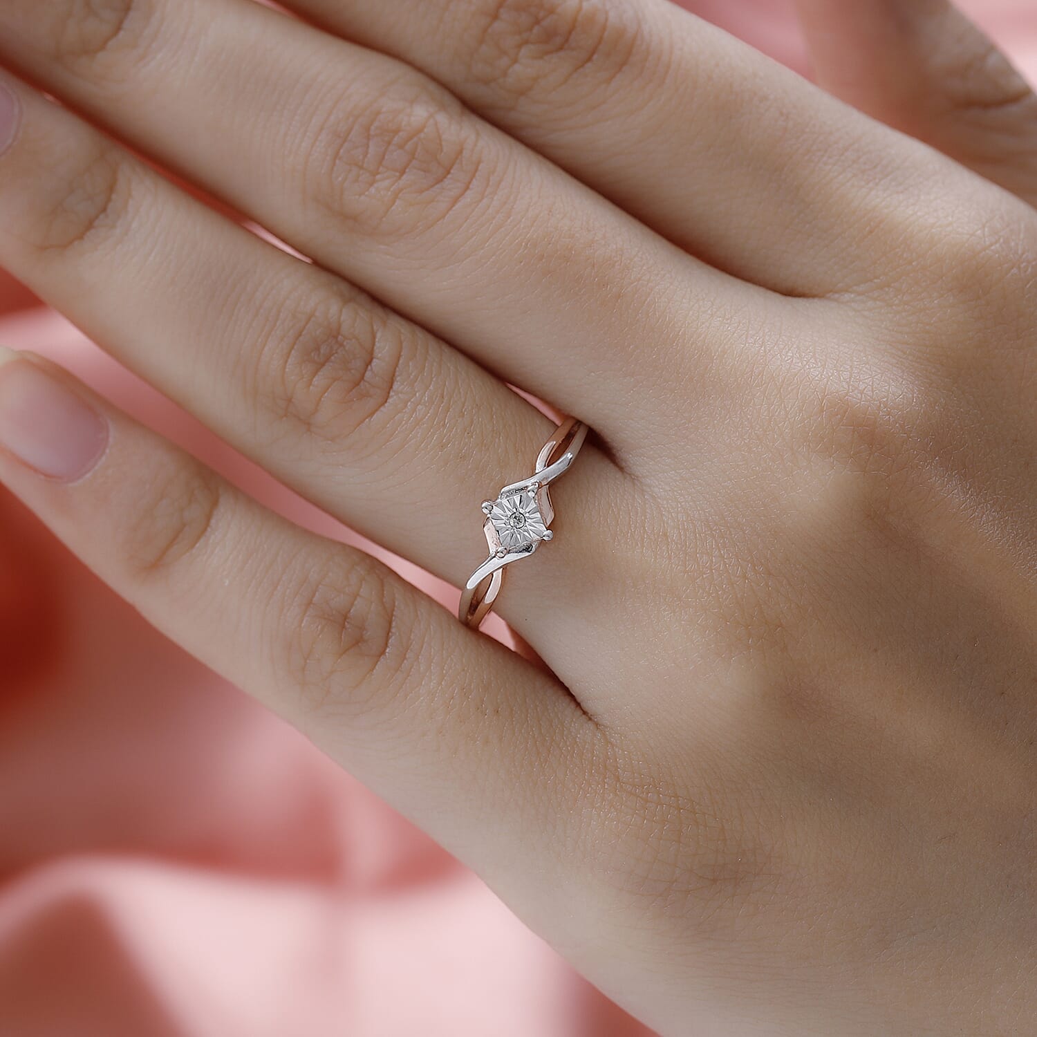 Diamond Ring in Two-Tone Platinum and 18K Vermeil Rose Gold Plated in Sterling Silver.