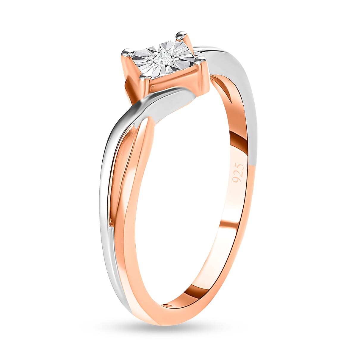 Diamond Ring in Two-Tone Platinum and 18K Vermeil Rose Gold Plated in Sterling Silver.