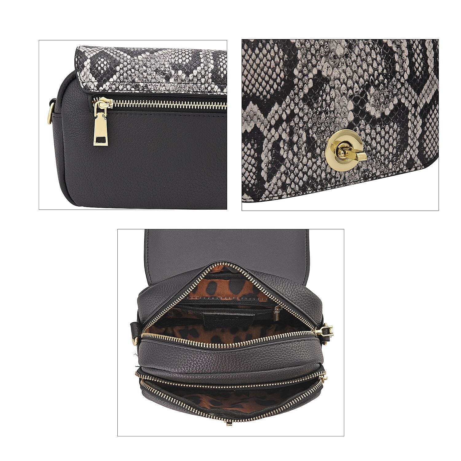 Sencilez Of Barcelona 100% Genuine Leather Snake Pattern Handbag with Shoulder Strap - Black