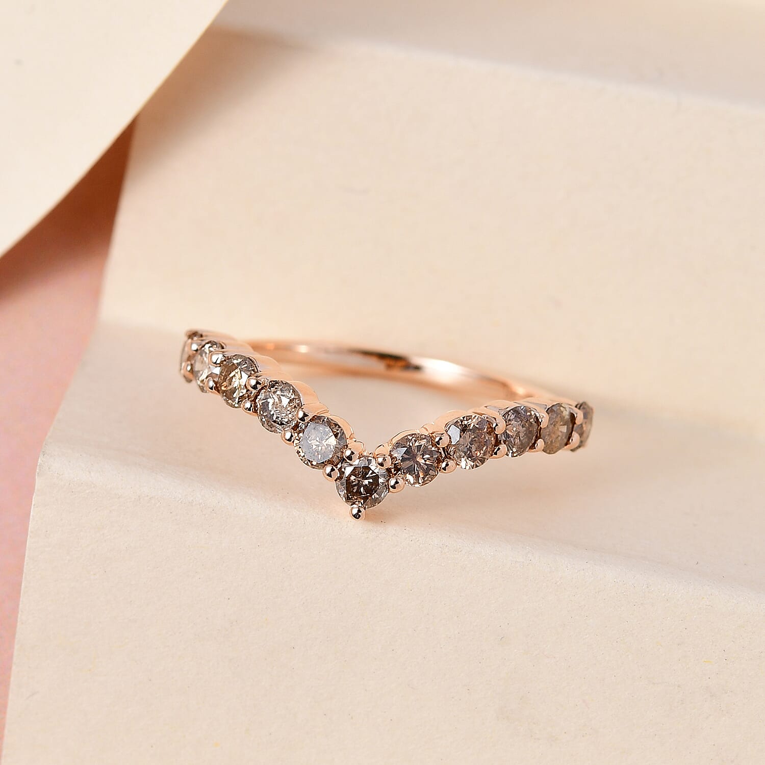 9K Rose Gold Natural Champagne Diamond Wishbone Ring 1.00 Ct.