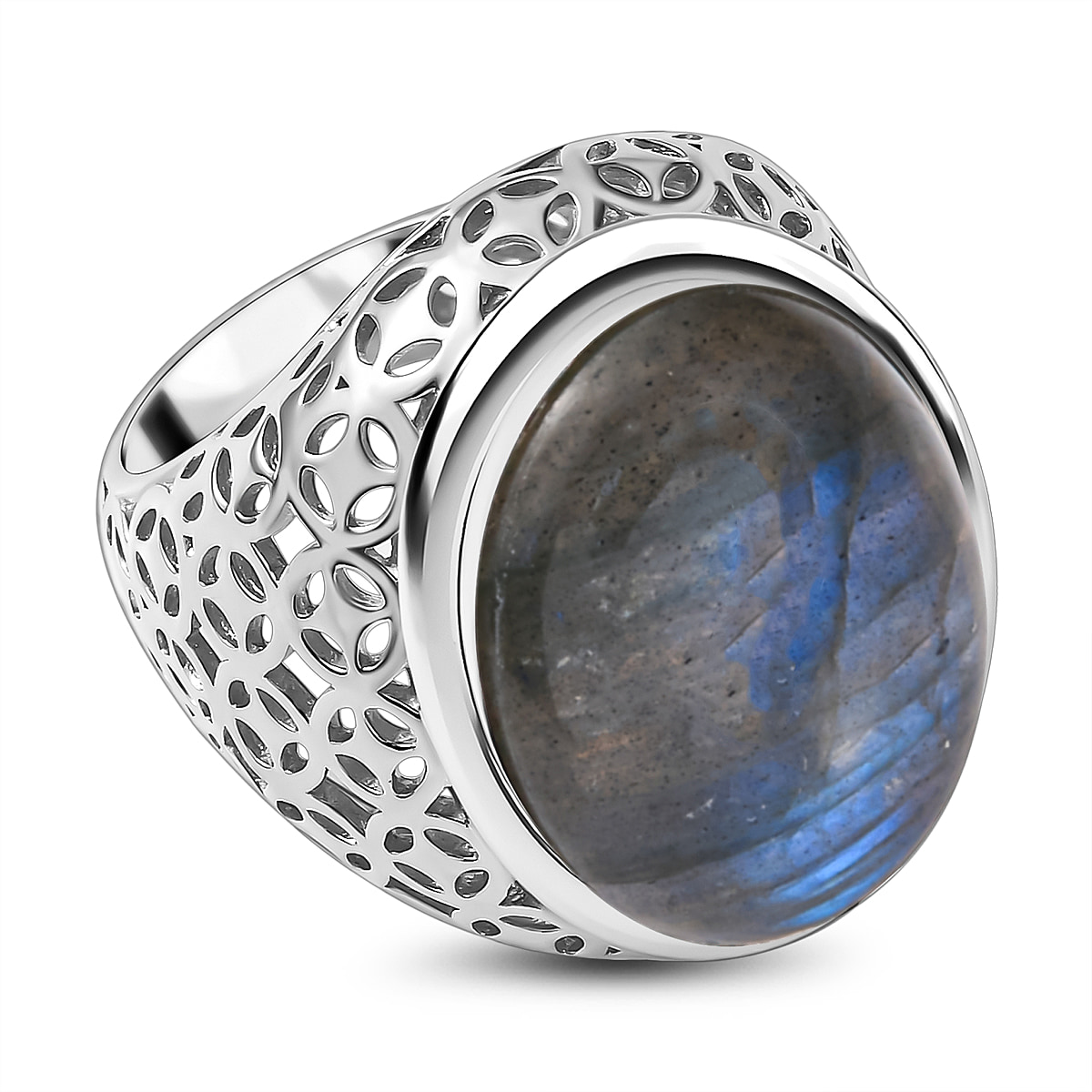 Bali Closeout - Labradorite Solitaire Ring in Platinum Overlay Sterling Silver 17.55 Ct, Silver Wt. 7.48 Gms.