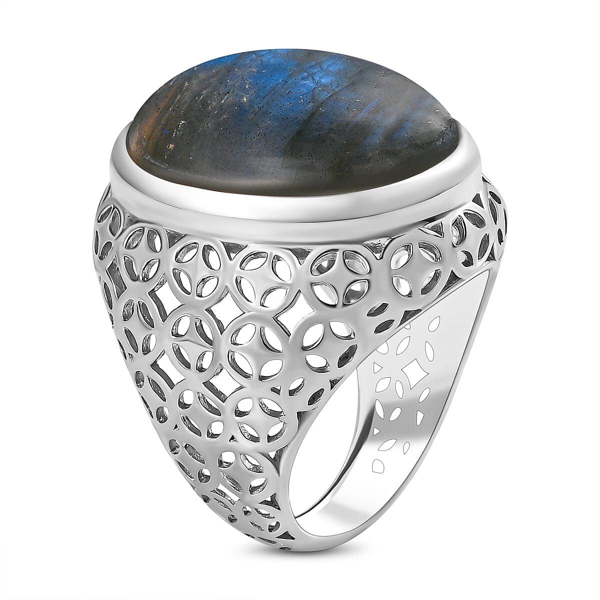 Bali Closeout - Labradorite Solitaire Ring in Platinum Overlay Sterling Silver 17.55 Ct, Silver Wt. 7.48 Gms.