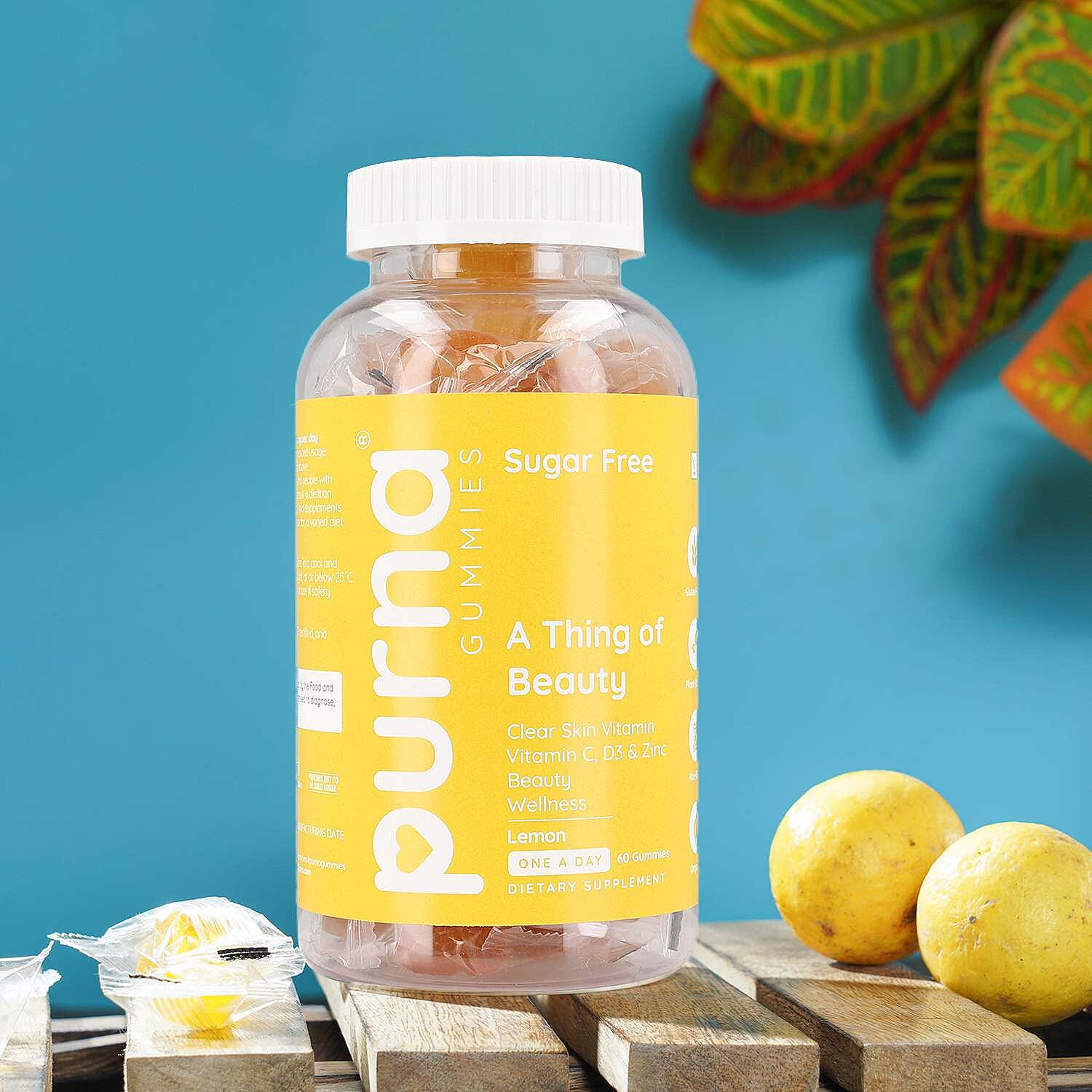 Purna - Lemon Flavoured Vitamin C Gummies - Helps in Natural Regeneration of Skin, Immunity Support (60 Gummies- 2 Months Supply).Best Before 30th Sep 2025