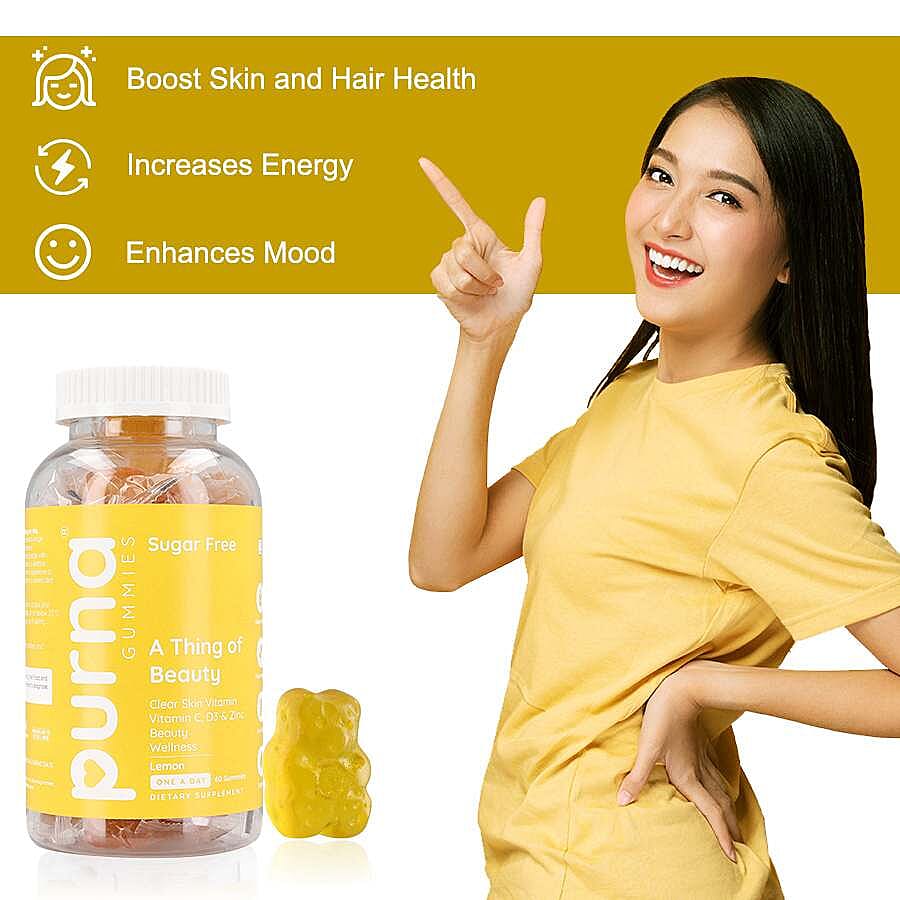 Purna - Lemon Flavoured Vitamin C Gummies - Helps in Natural Regeneration of Skin, Immunity Support (60 Gummies- 2 Months Supply).Best Before 30th Sep 2025