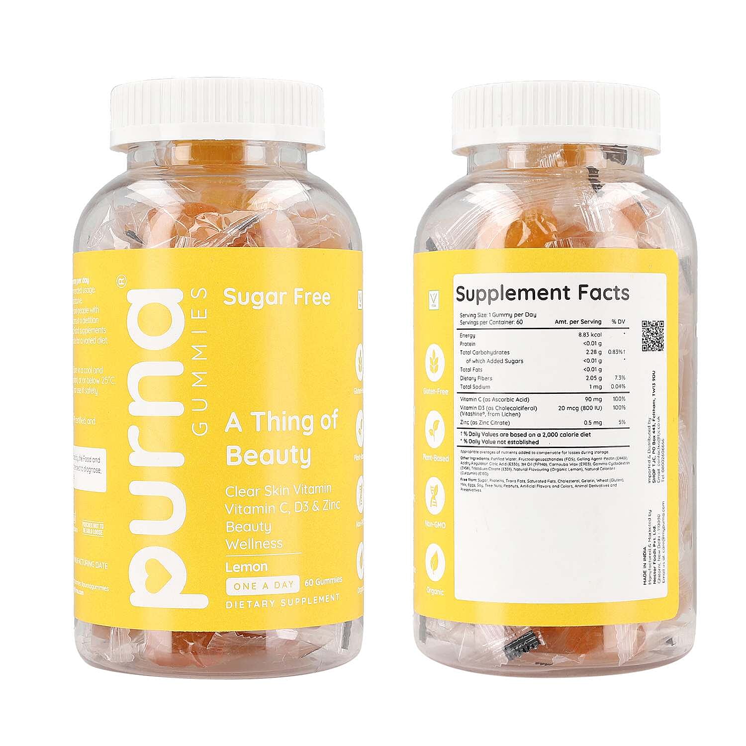 Purna - Lemon Flavoured Vitamin C Gummies - Helps in Natural Regeneration of Skin, Immunity Support (60 Gummies- 2 Months Supply).Best Before 30th Sep 2025