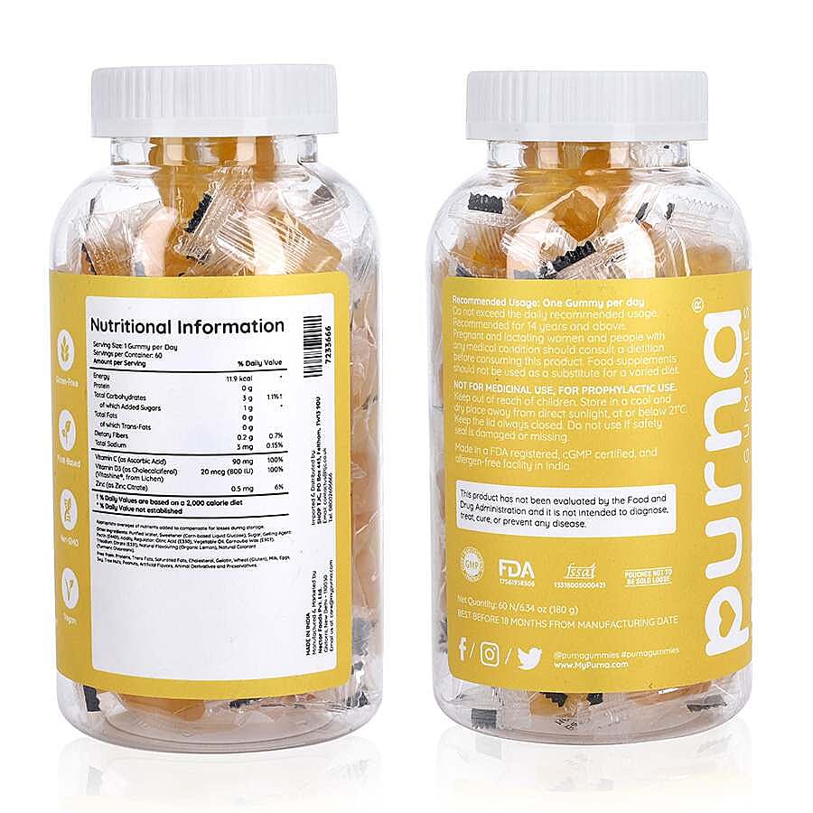 Purna - Lemon Flavoured Vitamin C Gummies - Helps in Natural Regeneration of Skin, Immunity Support (60 Gummies- 2 Months Supply).Best Before 30th Sep 2025