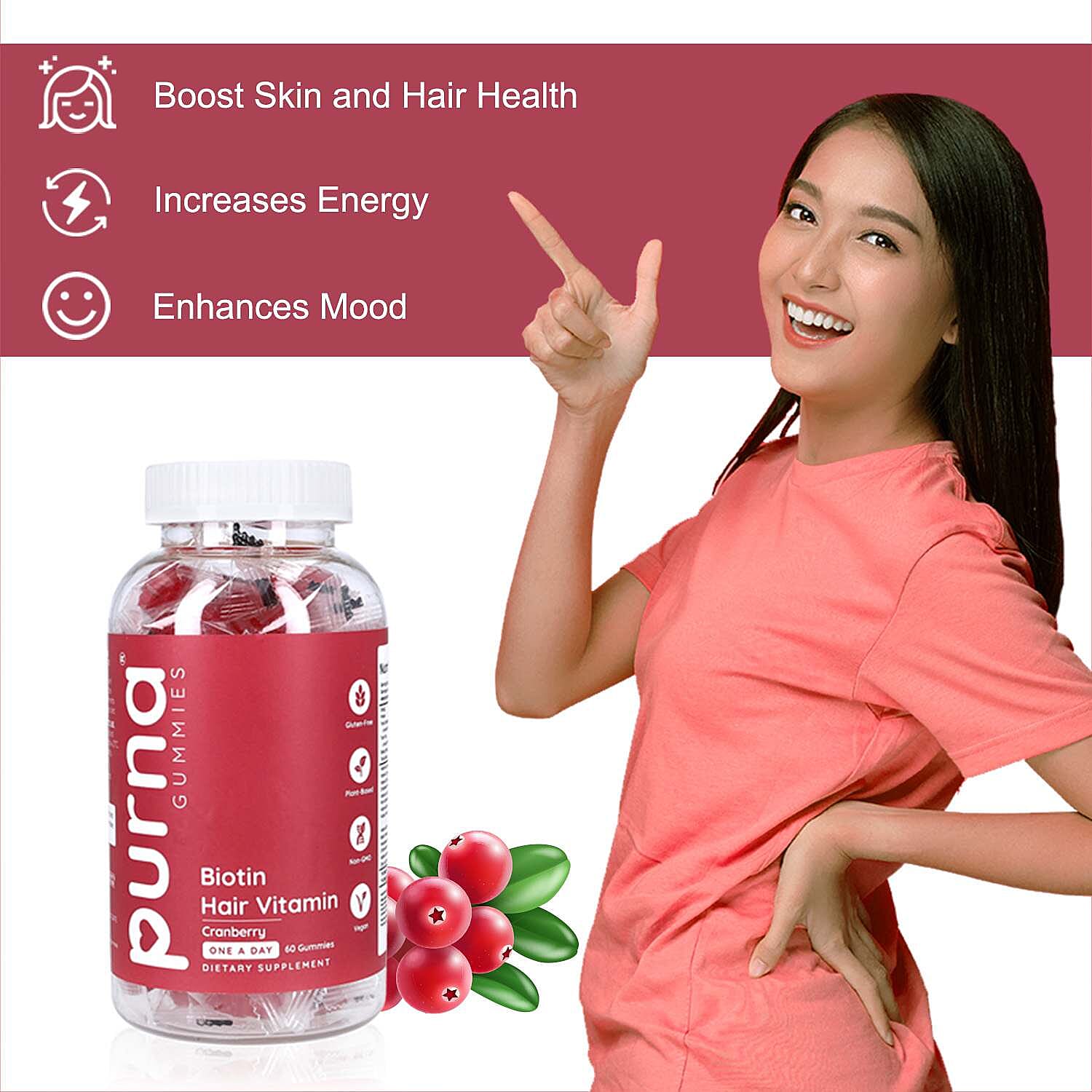 Purna Big Pack - Cranberry Flavored Biotin Gummies (60 Gummies)
