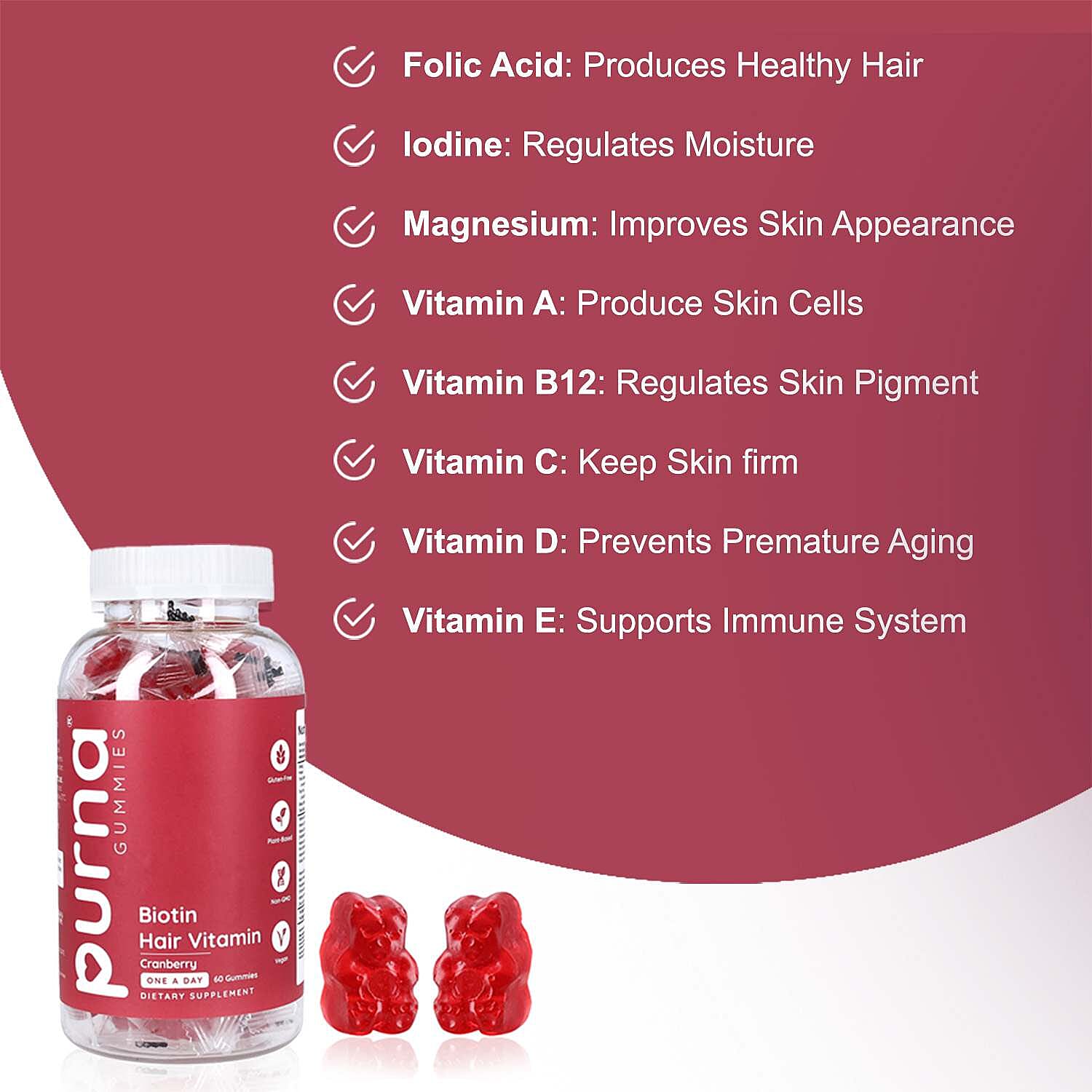 Purna Big Pack - Cranberry Flavored Biotin Gummies (60 Gummies)