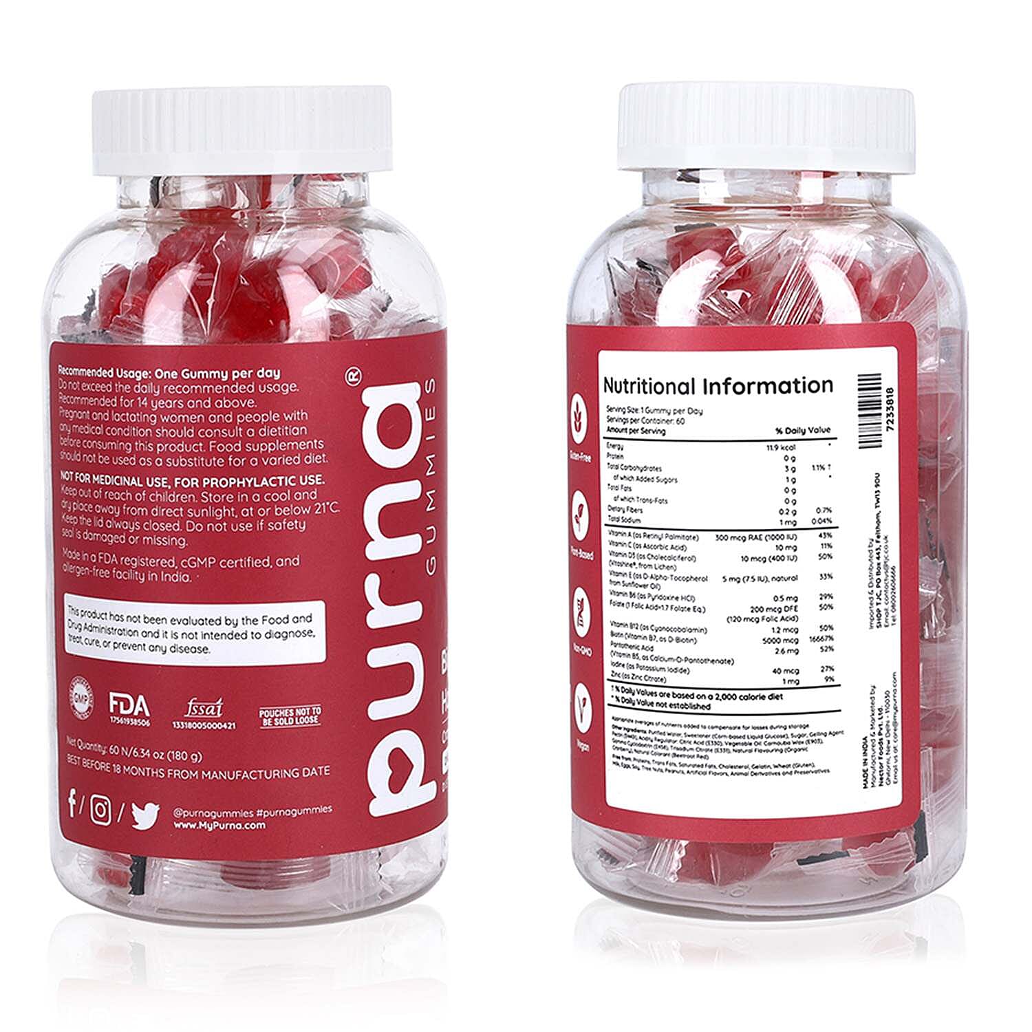 Purna Big Pack - Cranberry Flavored Biotin Gummies (60 Gummies)